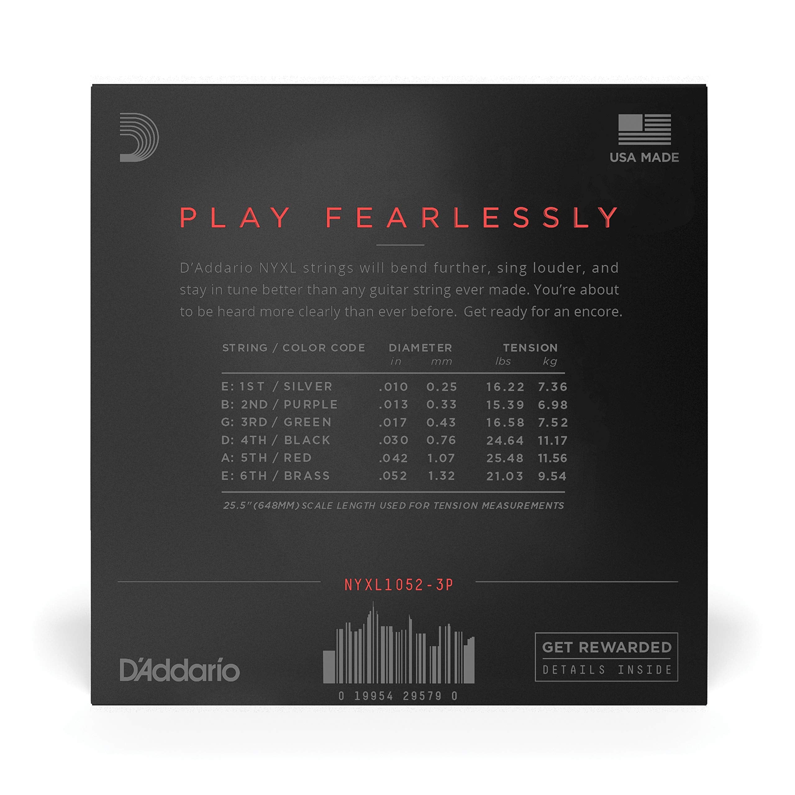 Daddario Electric Guitar Strings, Nyxl Nickel Plated, Nyxl1052-3P, Light Top/Heavy Bottom Gauge 10-52, 6-String Set, Pack Of 3