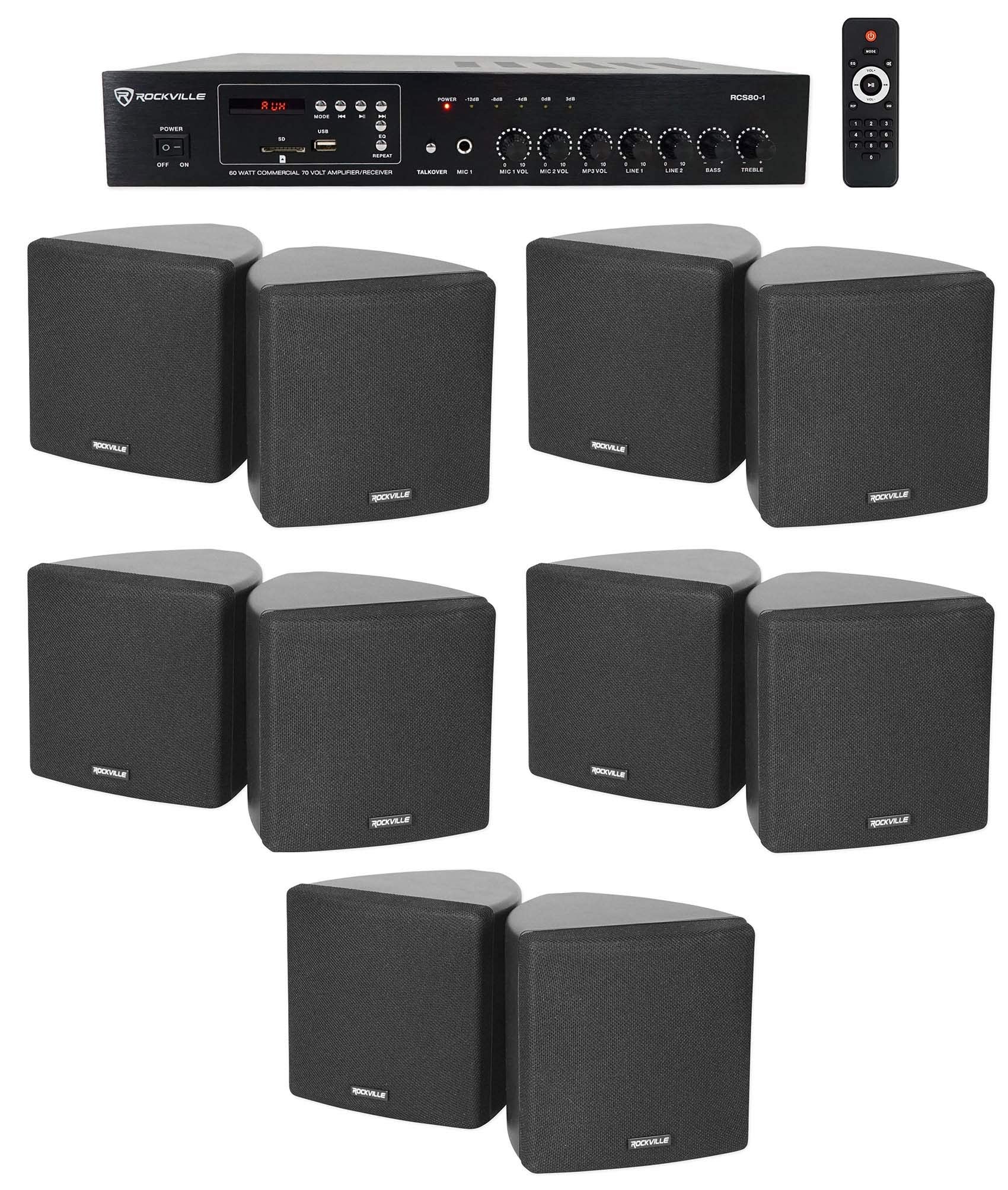 Rockville RCS80-1 Bundle: 60 Watt 70V Commercial Bluetooth Amplifier, (10) 3.5 in Black Cube Wall Mount Swivel Speakers, for Res