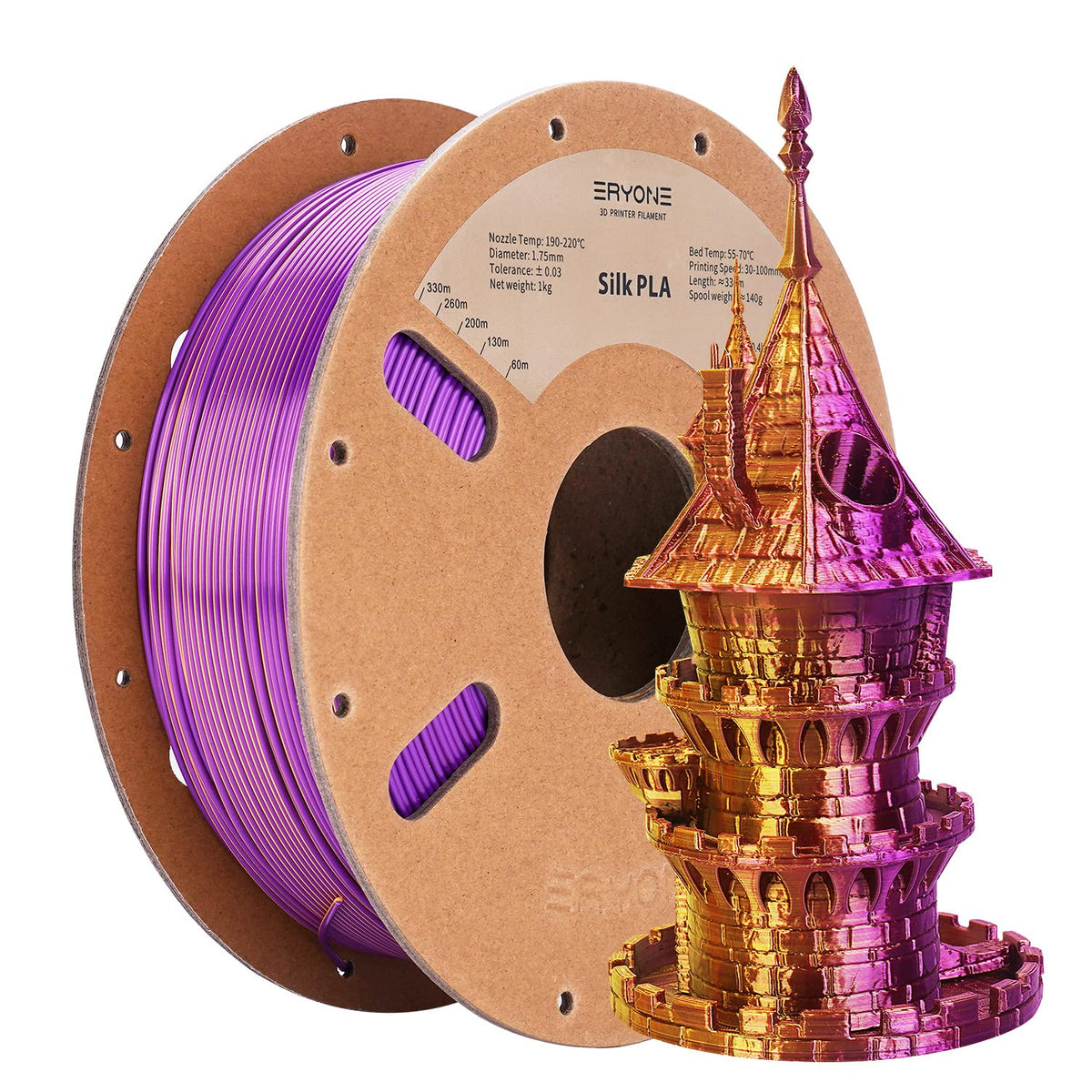 Eryone Silk Dual Color Filament Pla 3D Printer 1.75Mm +/  0.03Mm, Coextrusion Filament Pla Shiny Filament 1Kg(2.2Lbs), Gold Purp