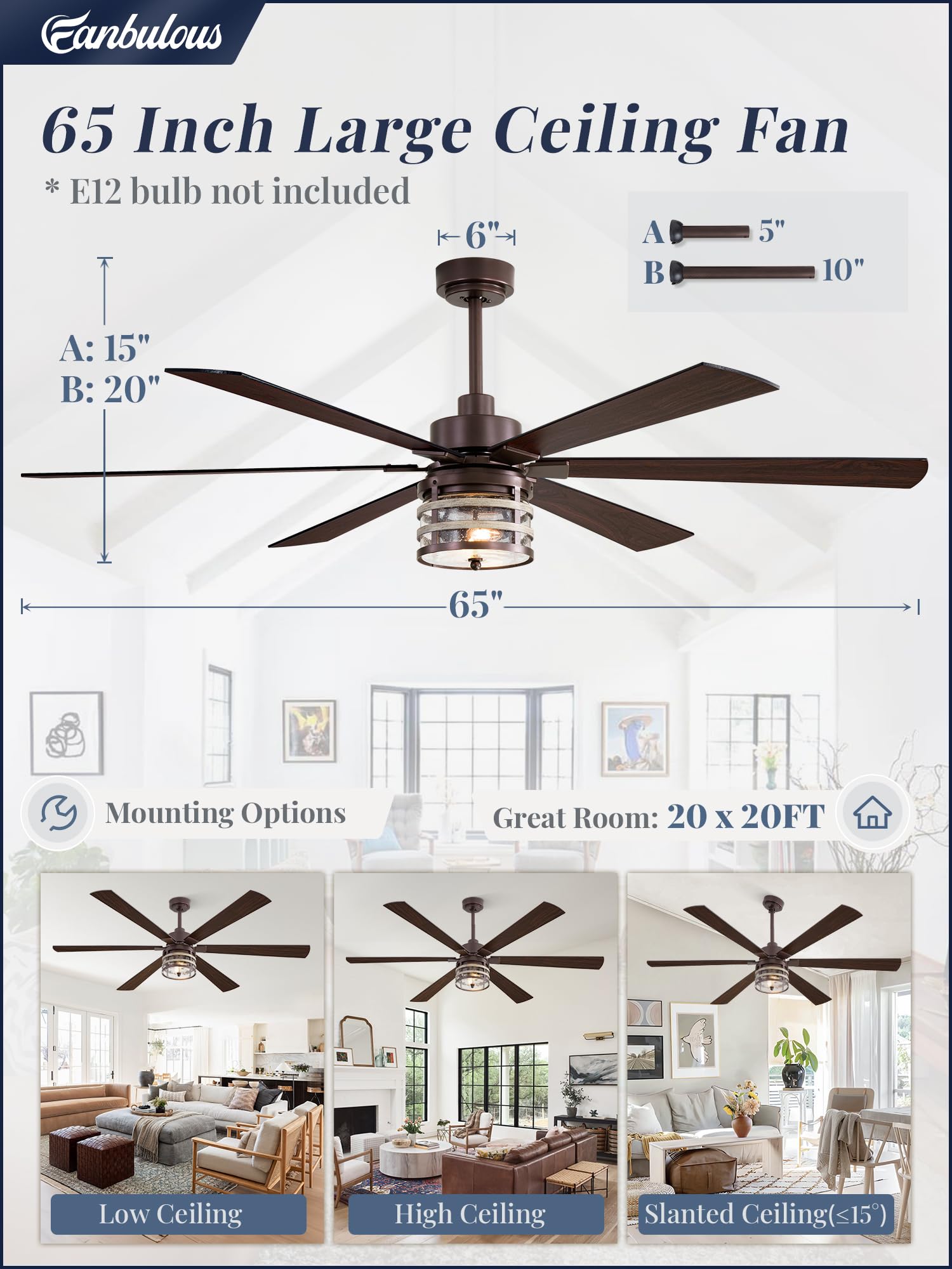 65 Inch Farmhouse Ceiling Fans With Lights And Remote,Industrial Large Ceiling Fan With 6 Speed Reversible Dc Motor And 6 Dual F