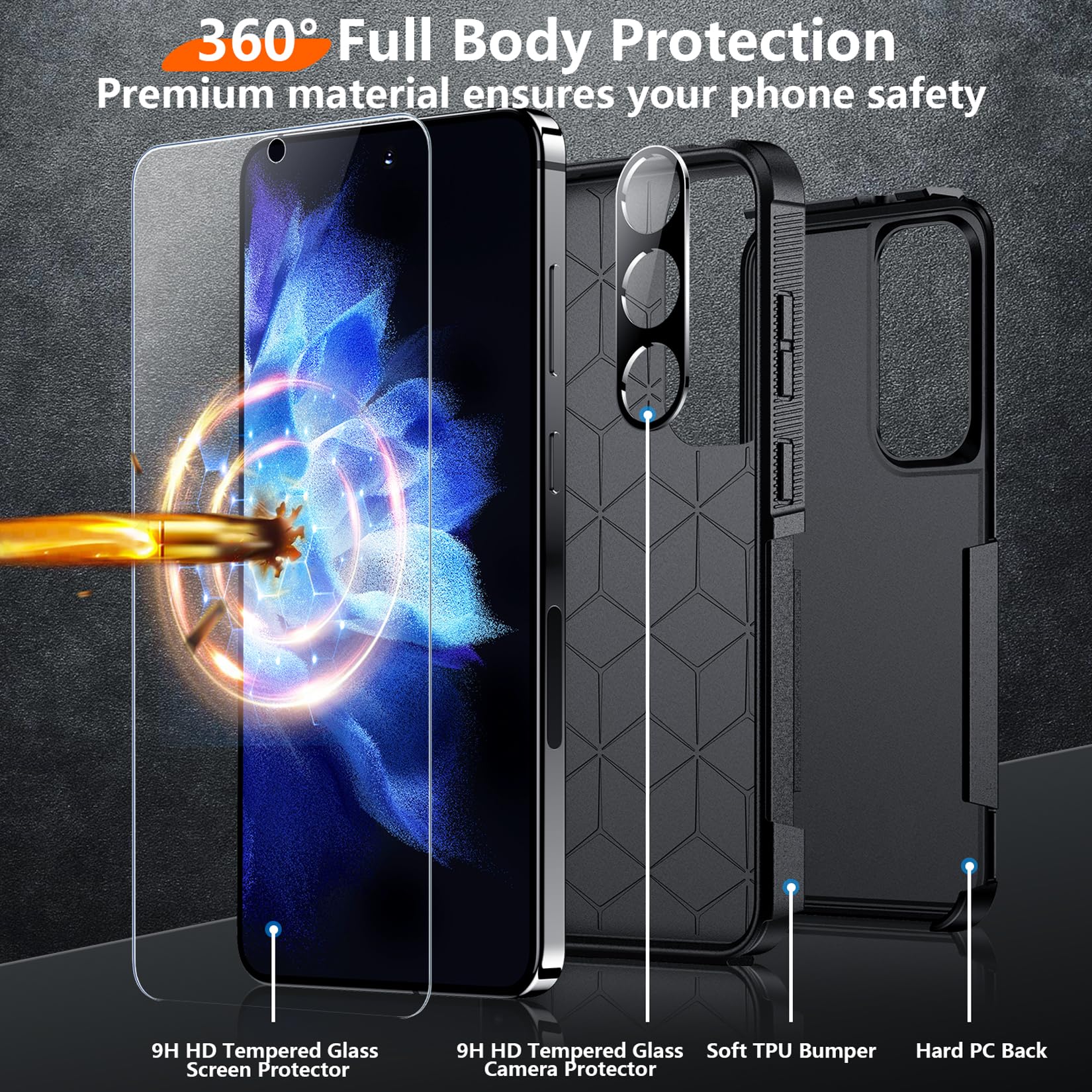 Red2Fire For Samsung Galaxy S24 Case, With 2Pcs [Tempered Glass Screen Protector+Camera Protector][Military Grade Shockproof] He