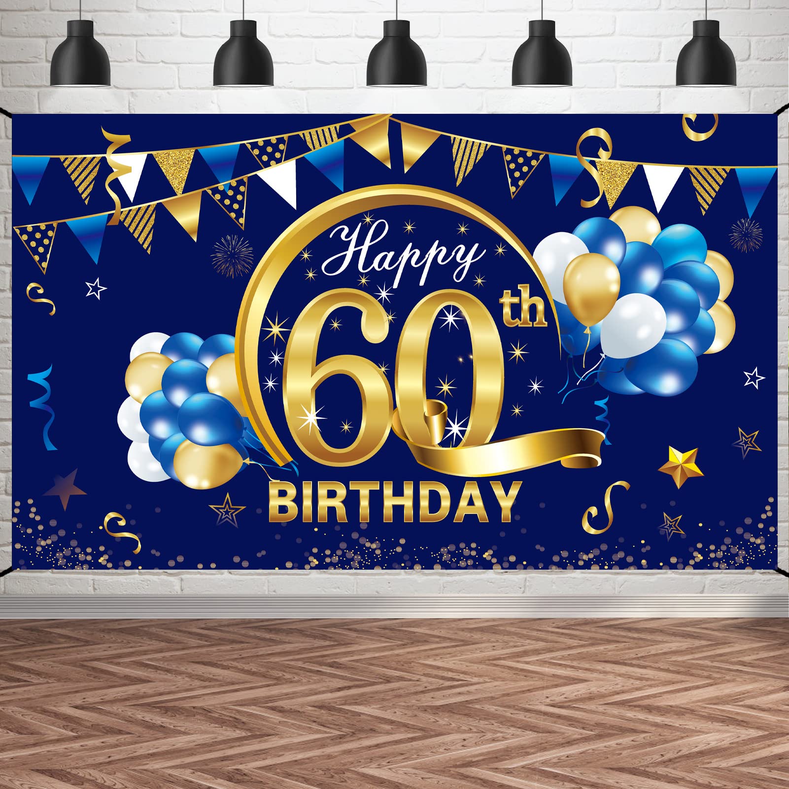 Blue 60Th Happy Birthday Banner Decorations For Men, Blue Gold 60 Birthday Backdrop Party Supplies, Sixty Birthday Photo Backgro