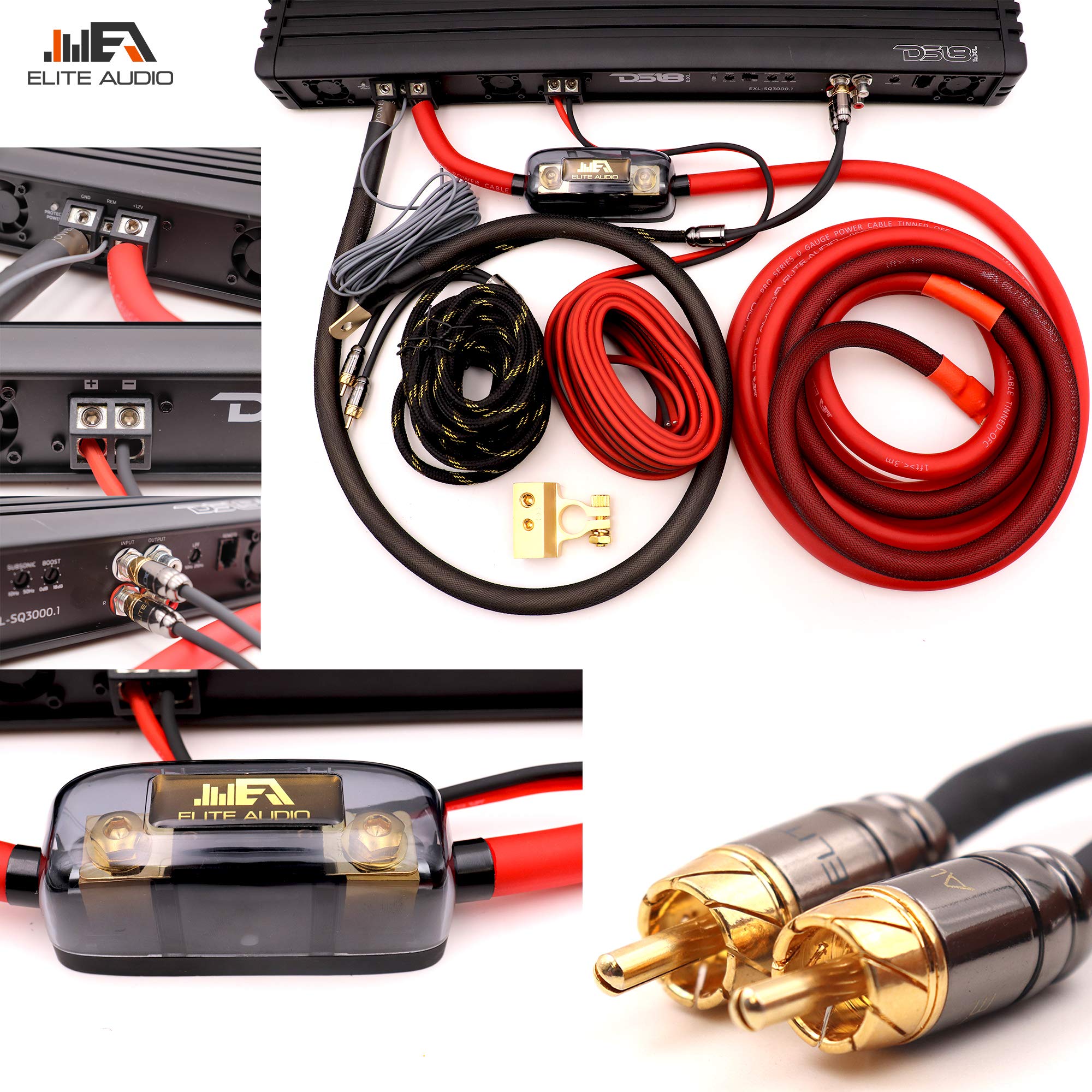 Elite Audio 0 Gauge OFC Installation Amplifier Wiring Kit - 5000W, Tinned Copper, Brass Fuse Holder, Model EA-PROK0, Red
