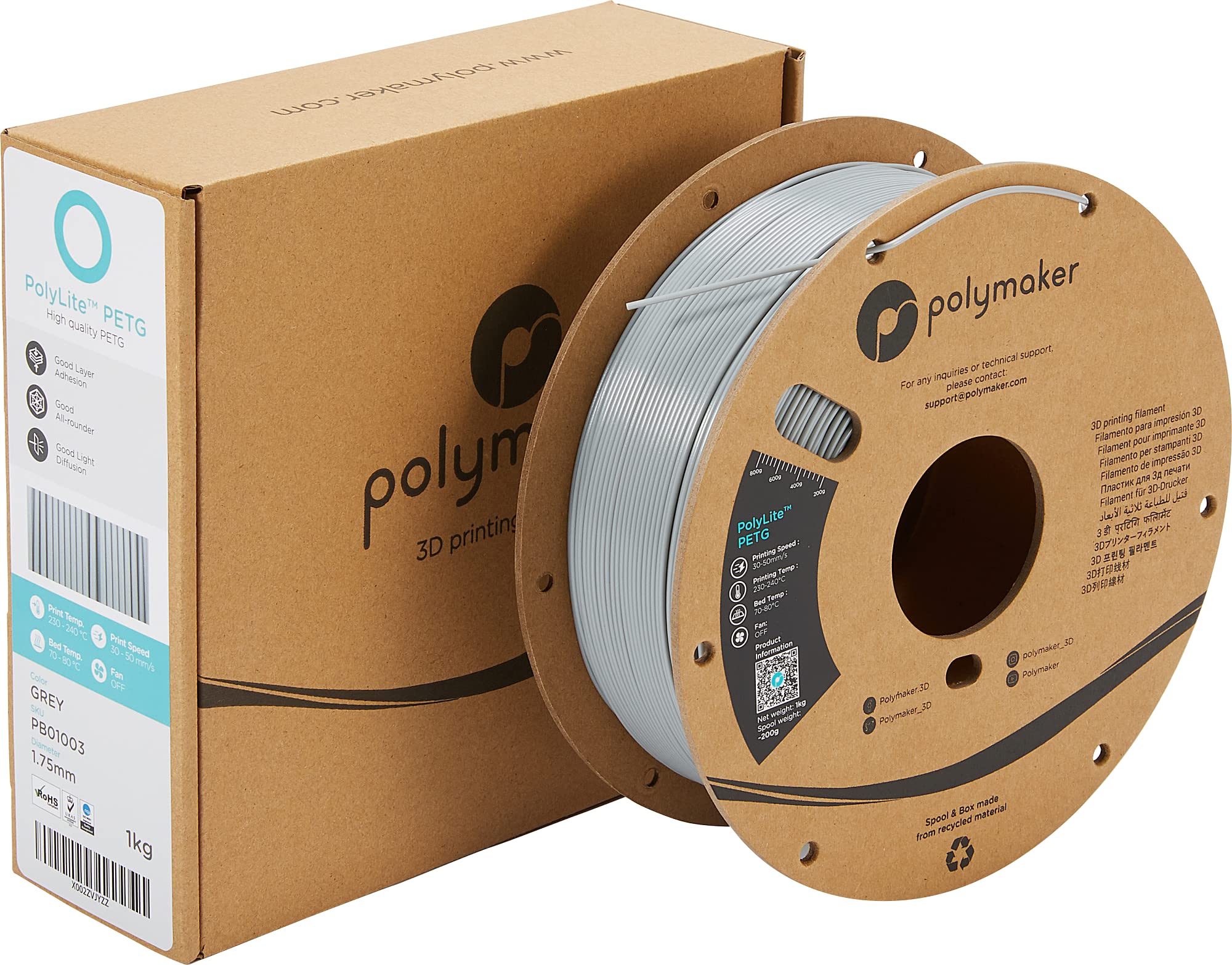 Polymaker Petg Filament 1.75Mm, 1Kg Strong Petg 3D Printer Filament Grey   Polylite Petg Grey 3D Printing Filament 1.75Mm, Dimen