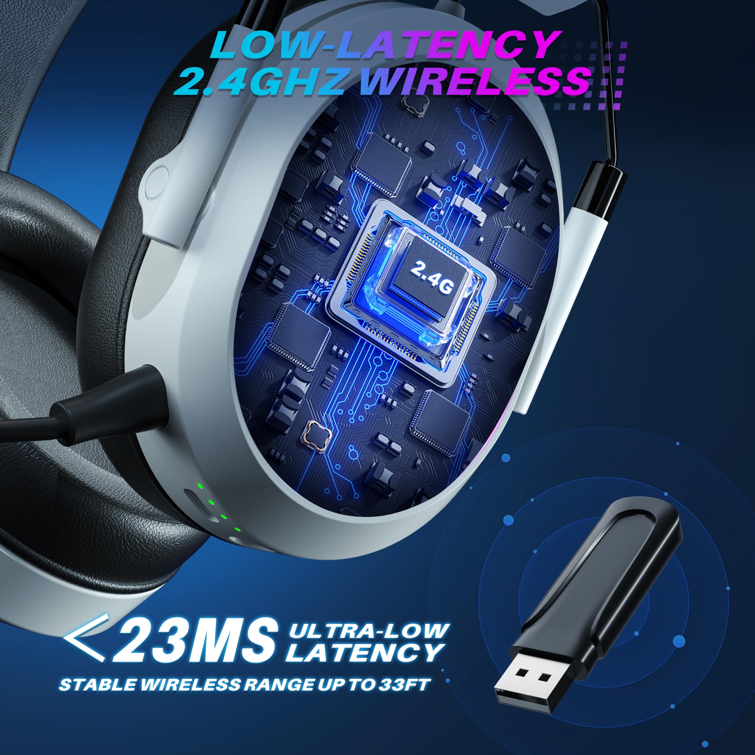 Wireless Gaming Headset For Ps5 Ps4, Bluetooth 2.4Ghz Headphones With Noise Cancelling Mic, 23Ms Low Latency Audio, 50+ Hrs & Su