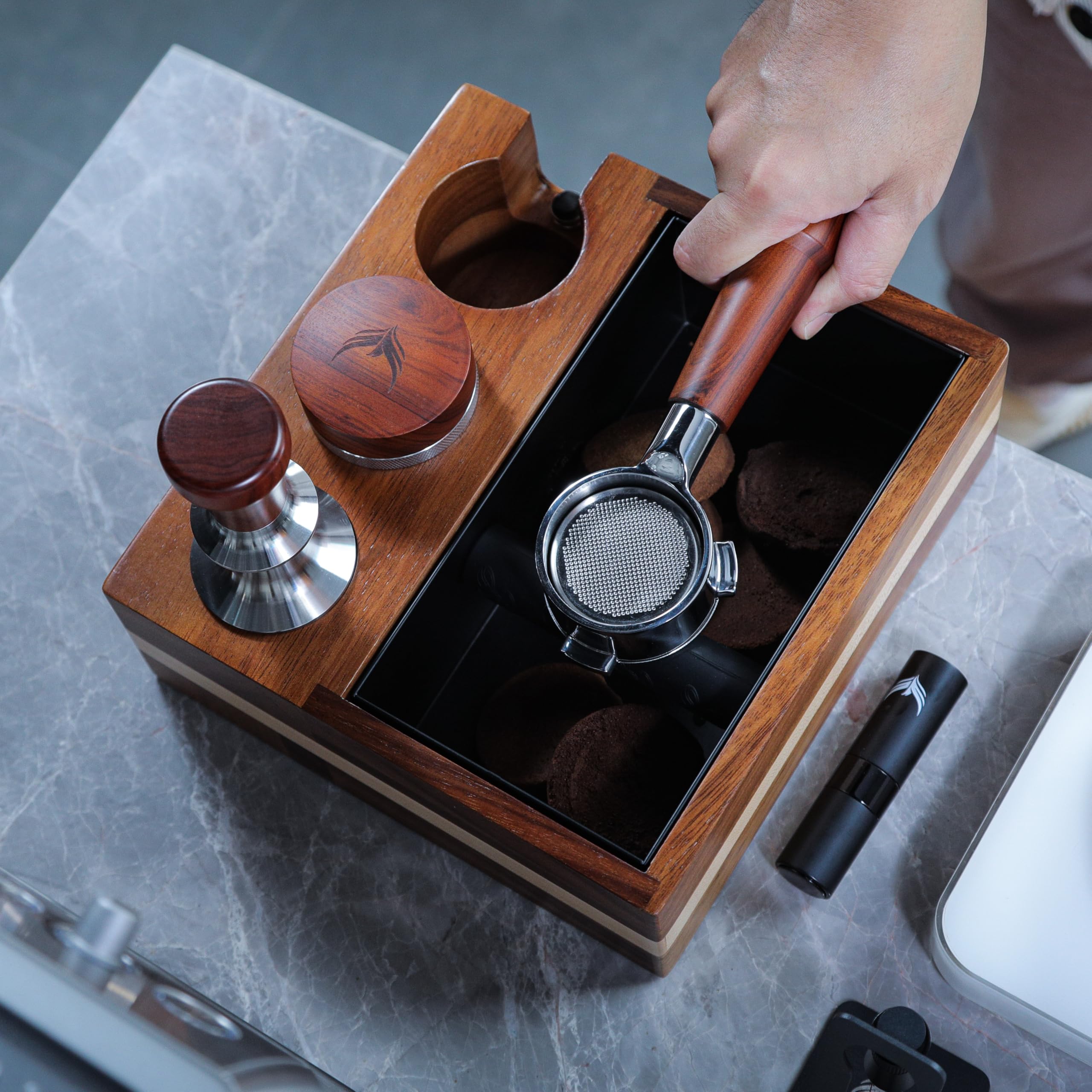 Knodos Espresso Knock Box With 54Mm Tamping Station For Breville Espresso Accessories Adjustable Portafilter Height, Detachable