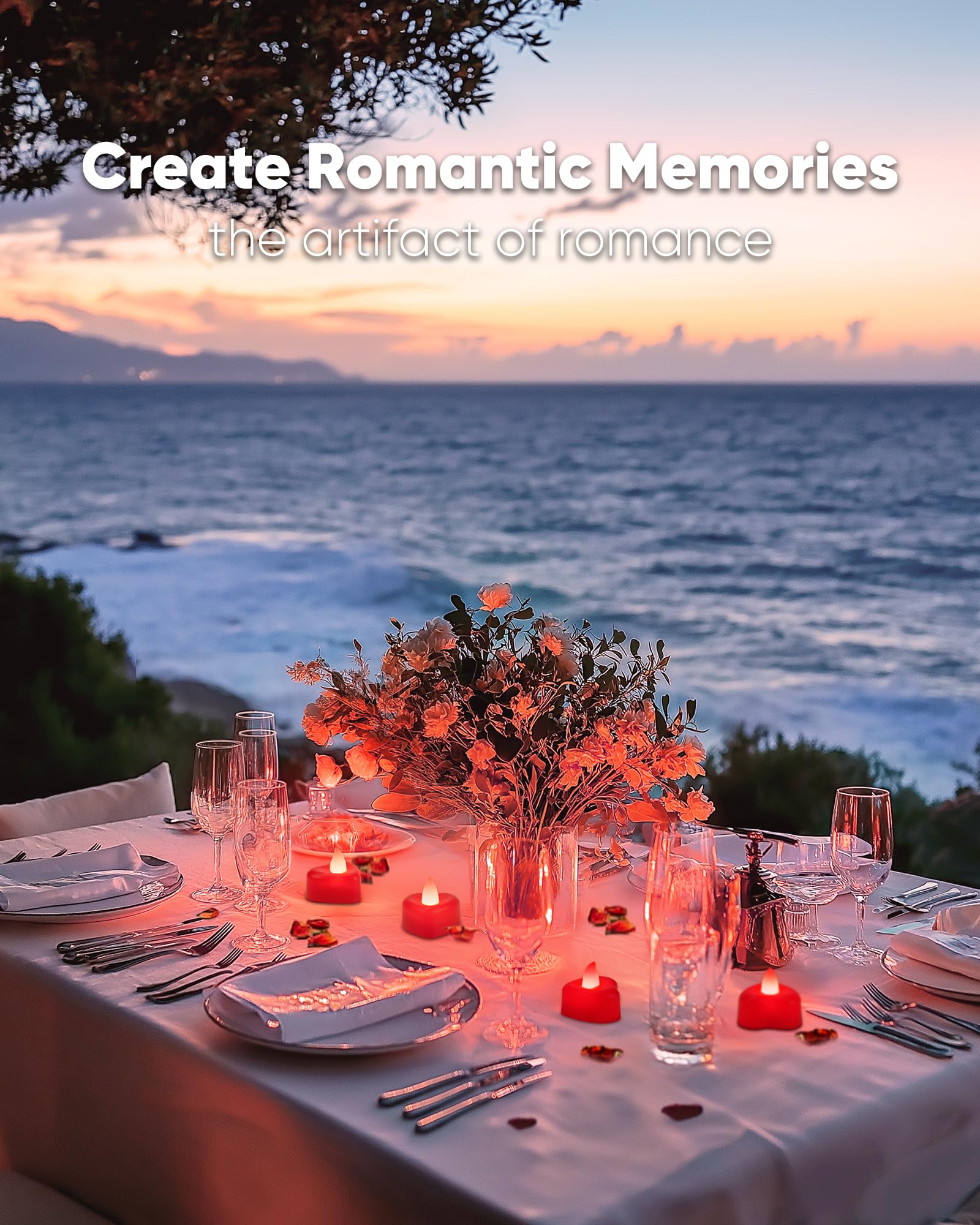 Amagic 2000 Pieces Red Artificial Rose Petals With 24 Red Heart Led Tea Lights, Rose Petals And Candles Set For Proposal, Annive