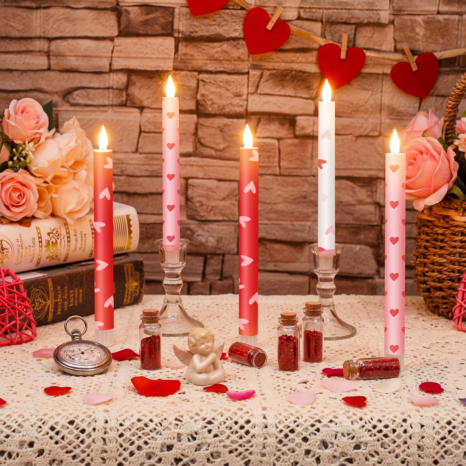 Lyrow 6 Pcs Valentine day Flameless Taper Candles with Red Heart 11 Inch Real Wax LED Candles Flickering Battery Operated Candl