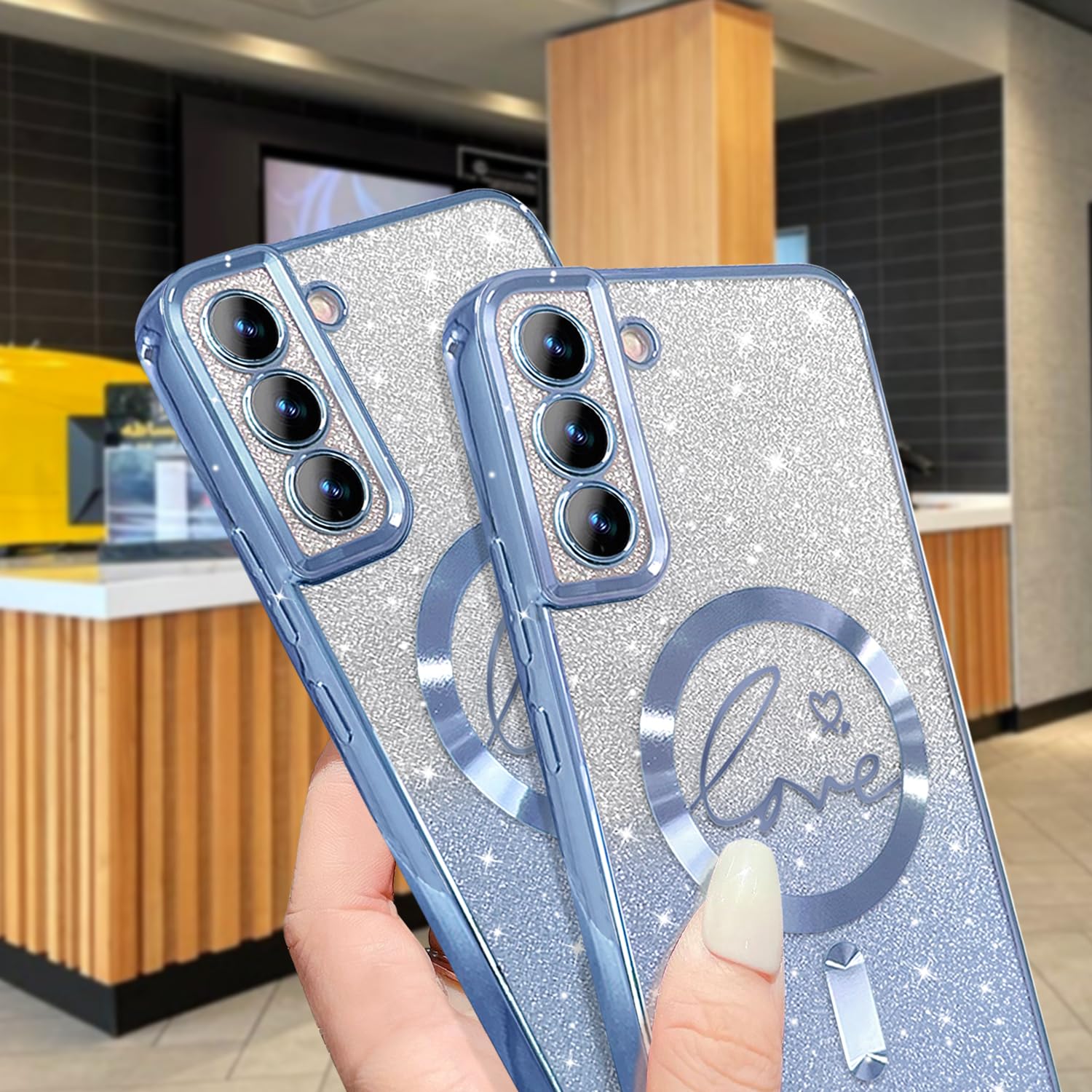 Zonrw For Samsung Galaxy S22 Case Magnetic,For Women Girl Soft Cute Luxury Love Heart Plating Bling Gradient Glitter Phone Case