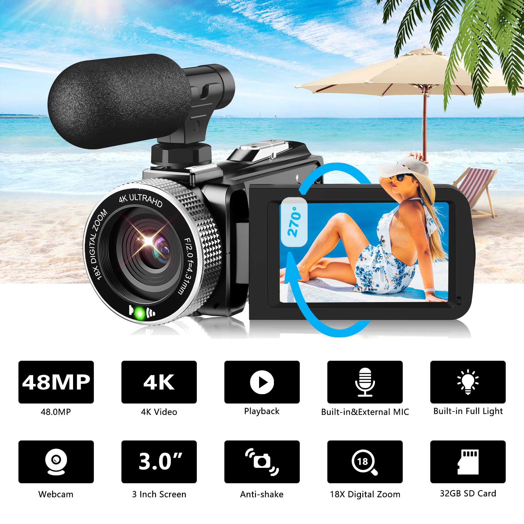 Video Camera Camcorder 4K 60Fps 48Mp Youtube Camera With Wireless Lavalier Mic & External Mic For Vlogging, Ultra Hd 3 Screen 18