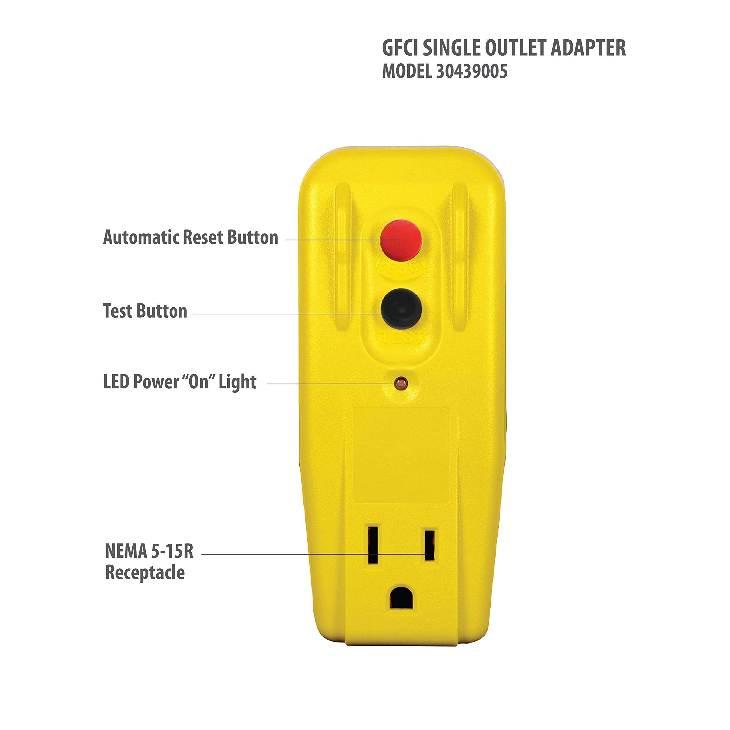 Tower Manufacturing 30439005 Auto Reset 15 Amp Grounded 3 Prong Gfci Single Outlet Adapter, Yellow (Tw? ???K)