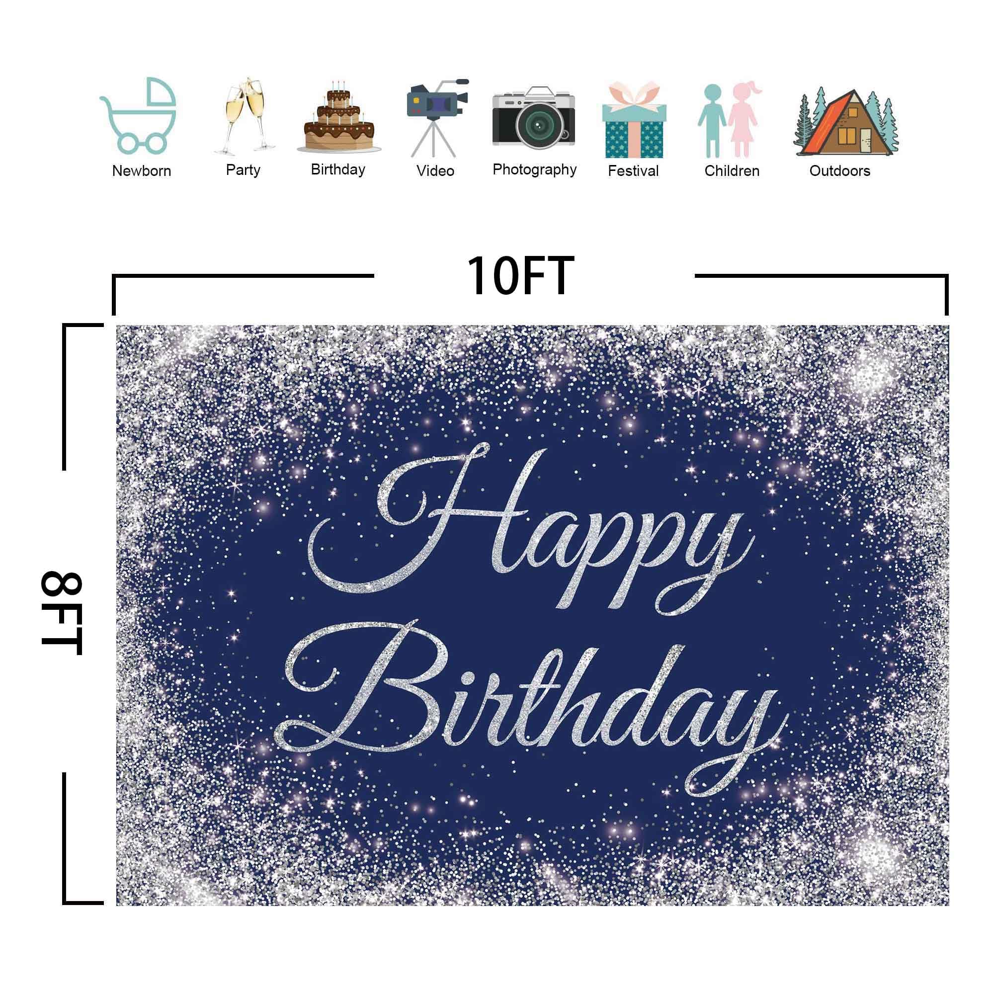 Livucee 10X8Ft Navy Blue And Silver Happy Birthday Banner Backdrop Glitter Spots Decorations Photography Background Party Wall S