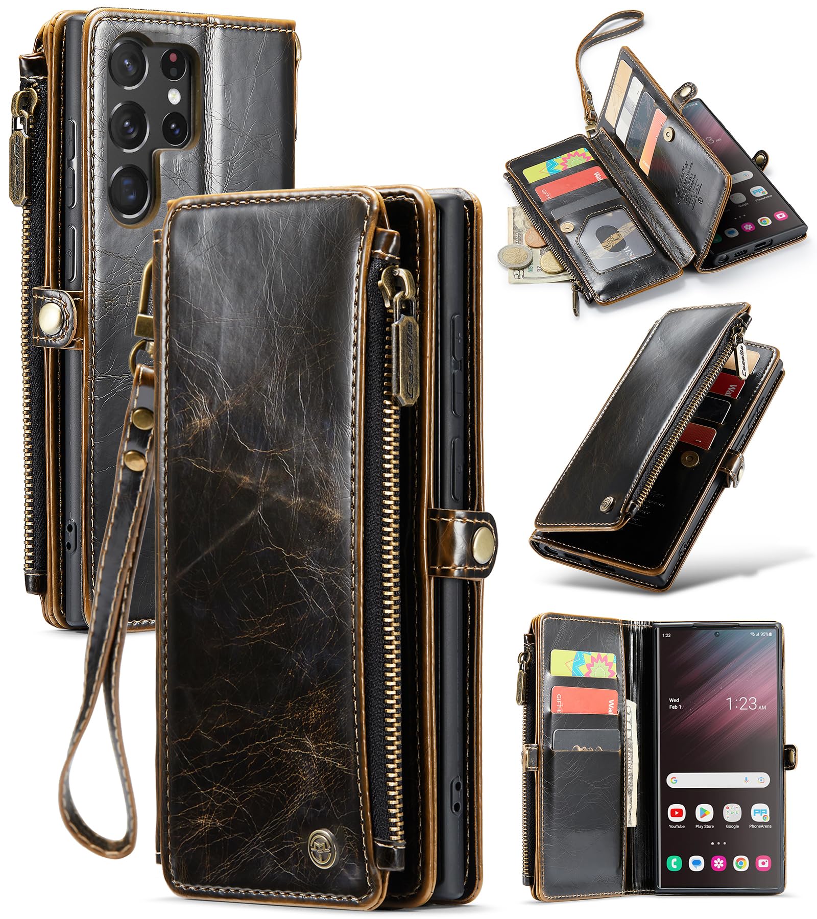 Defencase Samsung Galaxy S23 Ultra Wallet Case, Pu Leather Magnetic Flip Zipper Card Holder, Luxury Coffee