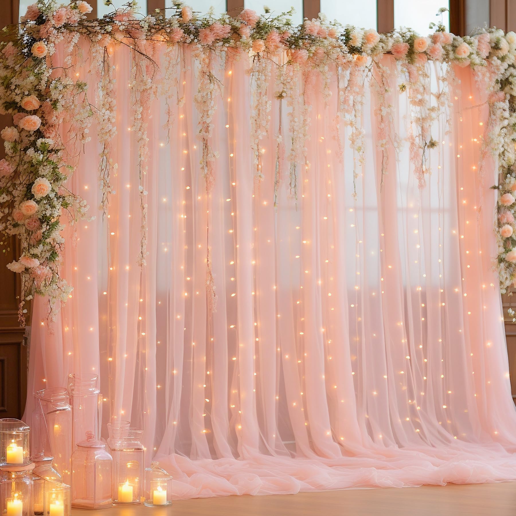 10X10Ft Peach Tulle Backdrop Curtain With Lights String For Parites, Sheer Backdrop Curtains For Wedding Baby Shower Birthday Pa