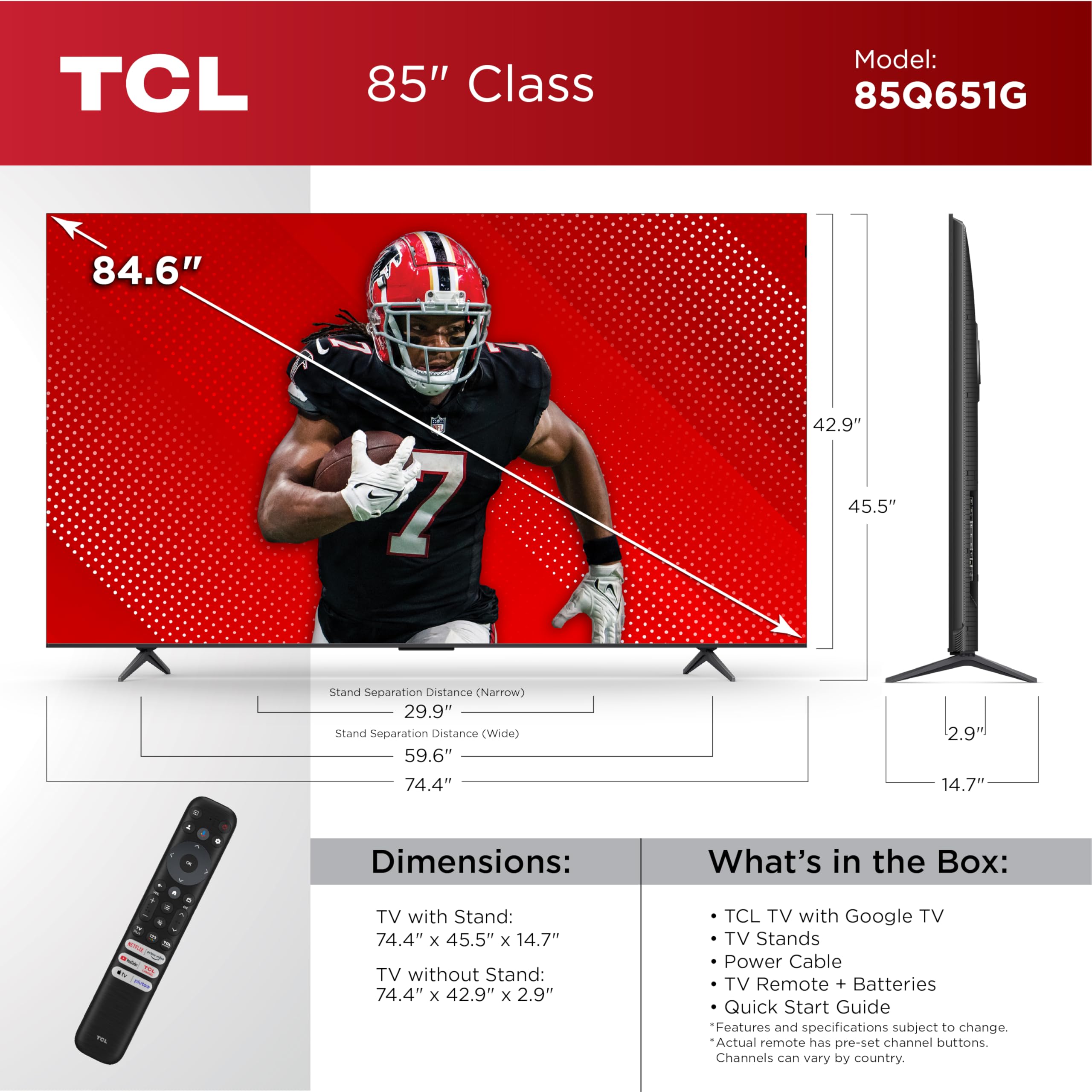 Tcl 85 Inch Q65 Qled 4K Uhd Smart Tv With Google Tv (85Q651G, 2024 Model) Dolby Vision, Dolby Atmos, Hdr Pro+, Game Accelerator