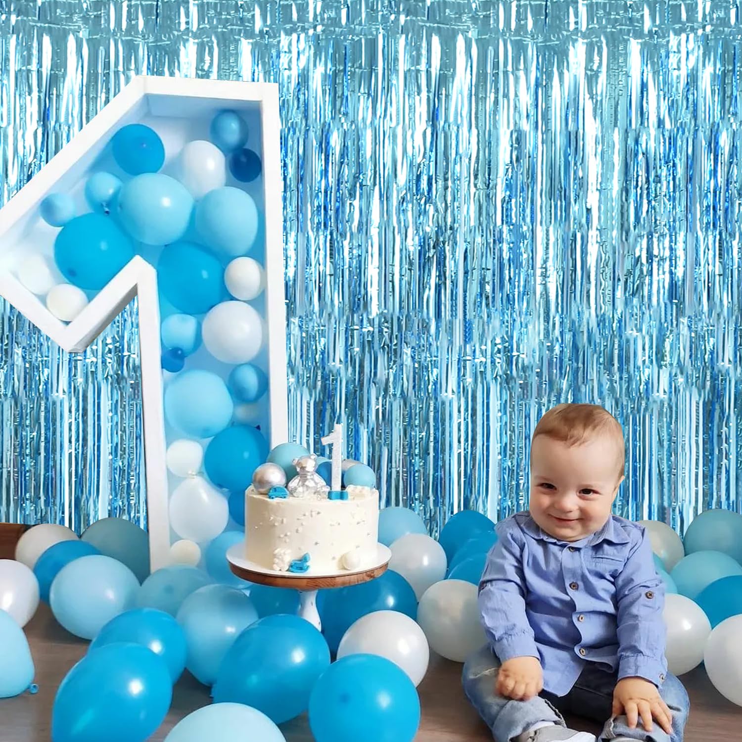 Toniful 3Pcs Light Blue Door Streamers,Light Blue Photo Booth Backdrop Metallic Streamers Foil Fringe Curtains For Birthday,Chri