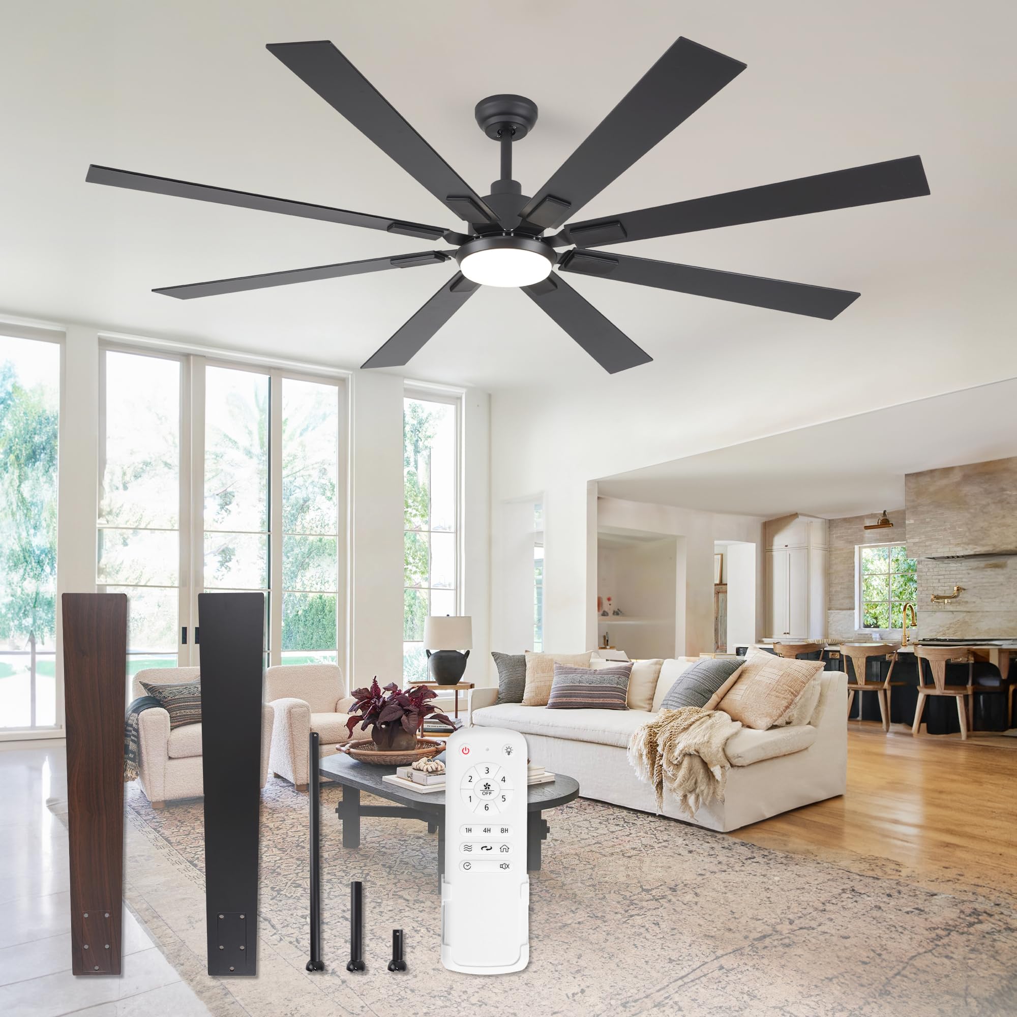 ZMISHIBO 72 inch Large Ceiling Fans with Lights and Remote, Indoor/Outdoor Black Modern Ceiling Fan for Kitchen Living Room Pati
