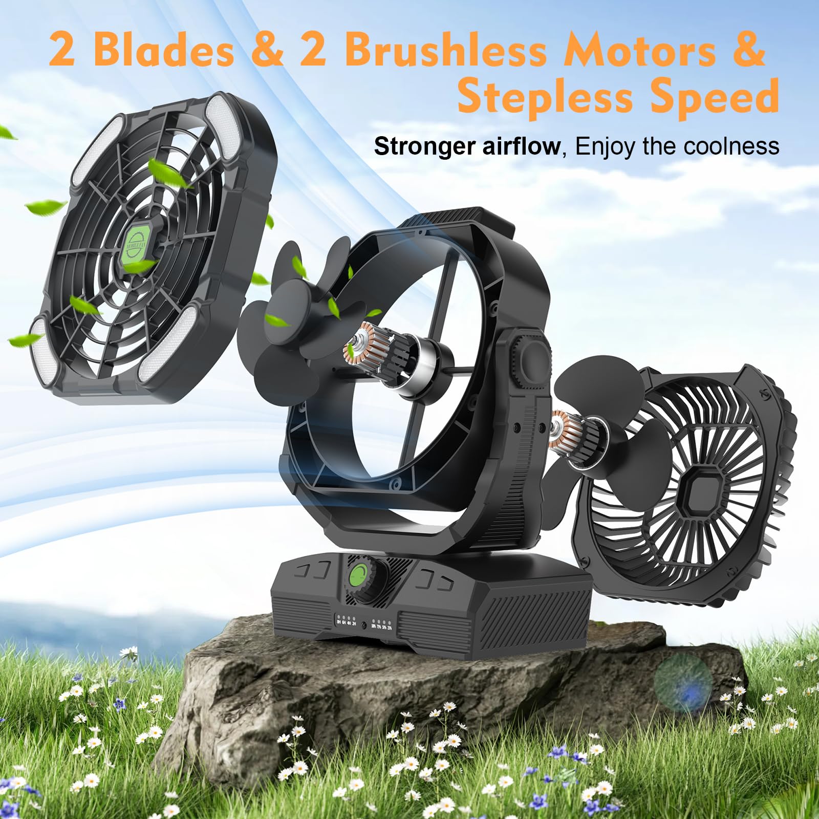 Runtop 20000Mah Camping Fan, Oscillating High Speed Rechargeable Battery Operated Fan W/Rgb Light,Remote,Hanging Hook, Outdoor P