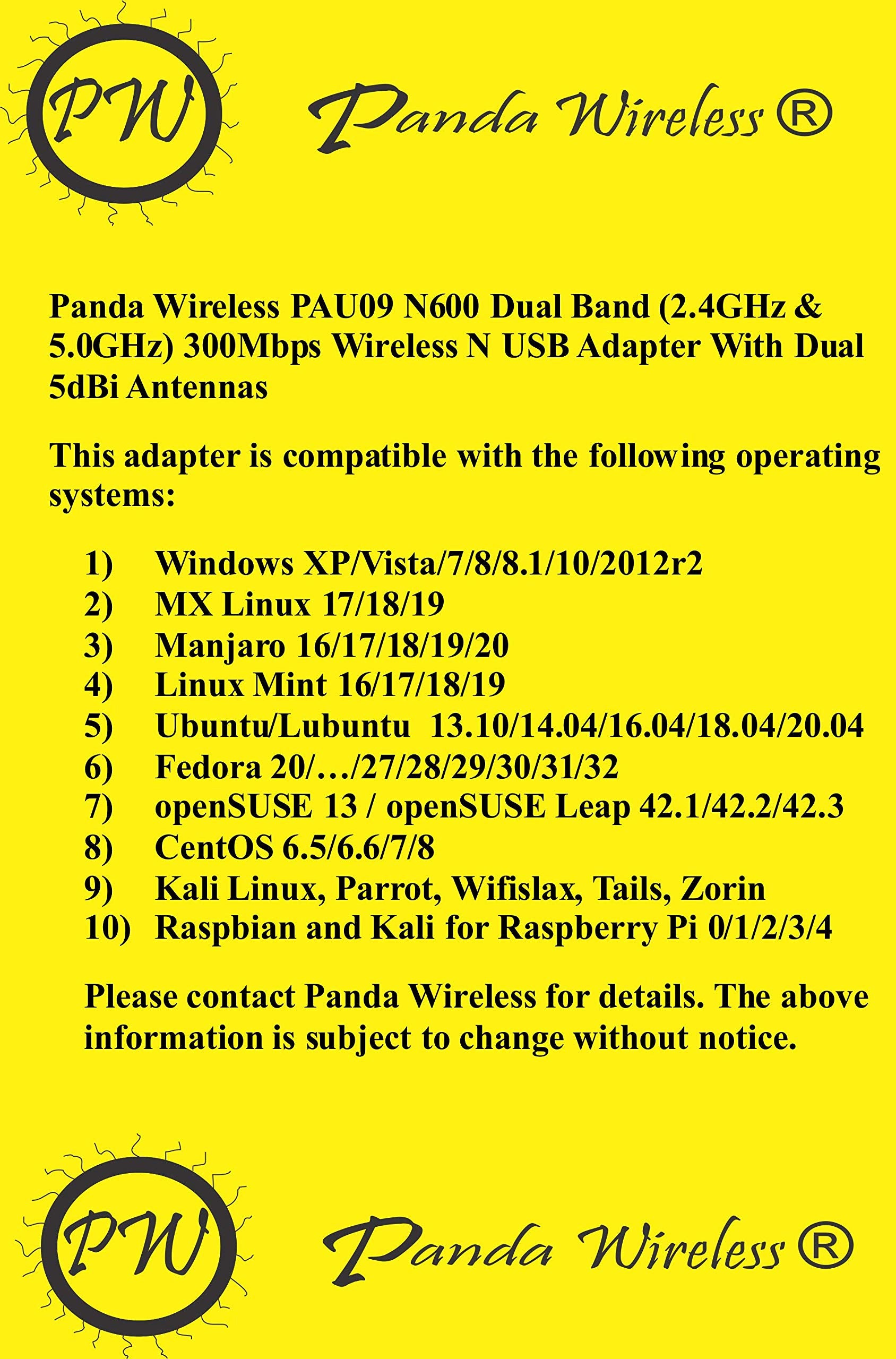 Panda Wireless� Pau09 N600 Dual Band (2.4Ghz And 5Ghz) Wireless N Usb Adapter W/Dual 5Dbi Antennas   Windows 7/8/10/11, Zorin, Mint, Ubuntu, Opensuse, Fedora, Centos, Kali And Raspbian