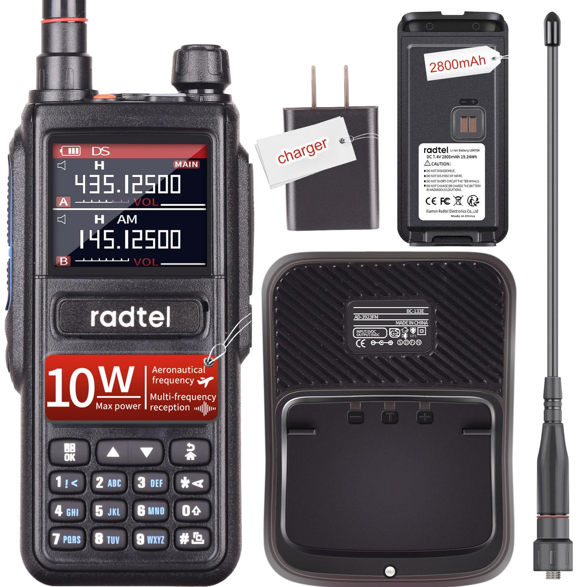 Radtel Rt 470 10 Watt Long Range Multi Band Ham Radio 144 148/420 450/1.25M 2800Mah Usb C Battery, 256Ch Am Aircraft Band Handhe