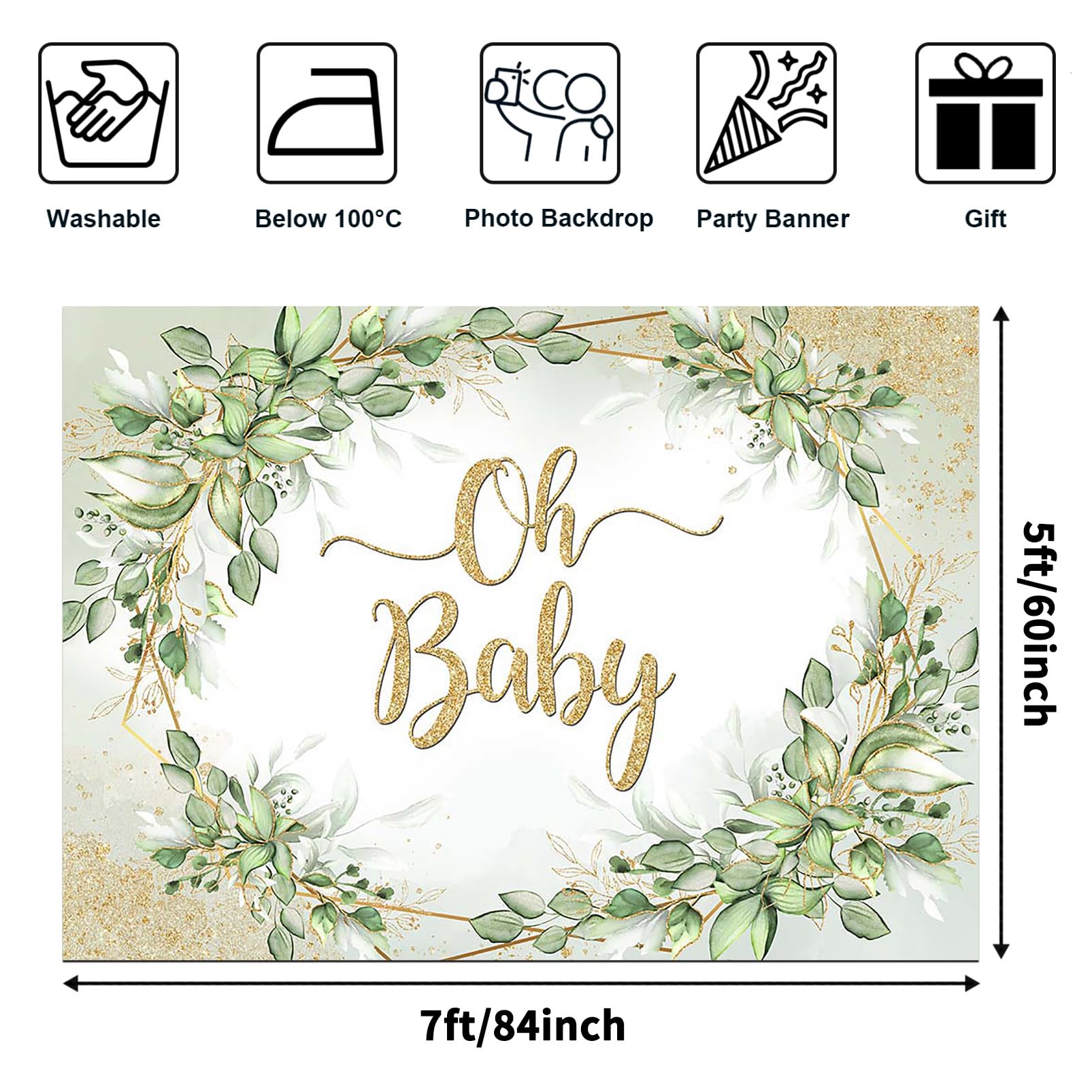 Avezano Sage Green Baby Shower Backdrop Gold Oh Baby Background Greenery Eucalyptus Leaves Baby Shower Party Decorations Banner