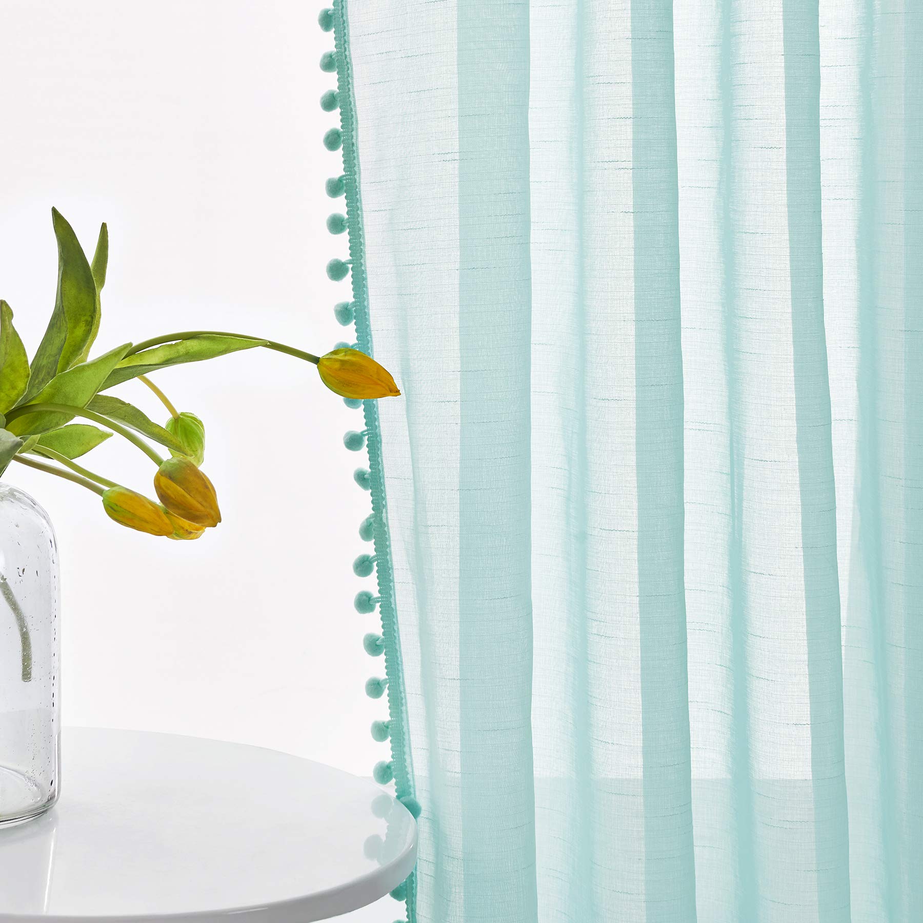 Treatmentex Pompom Sheer Window Curtains For Bedroom Aqua Blue 95Inches Length Decorative Sheer Window Drapes For Wedding Party