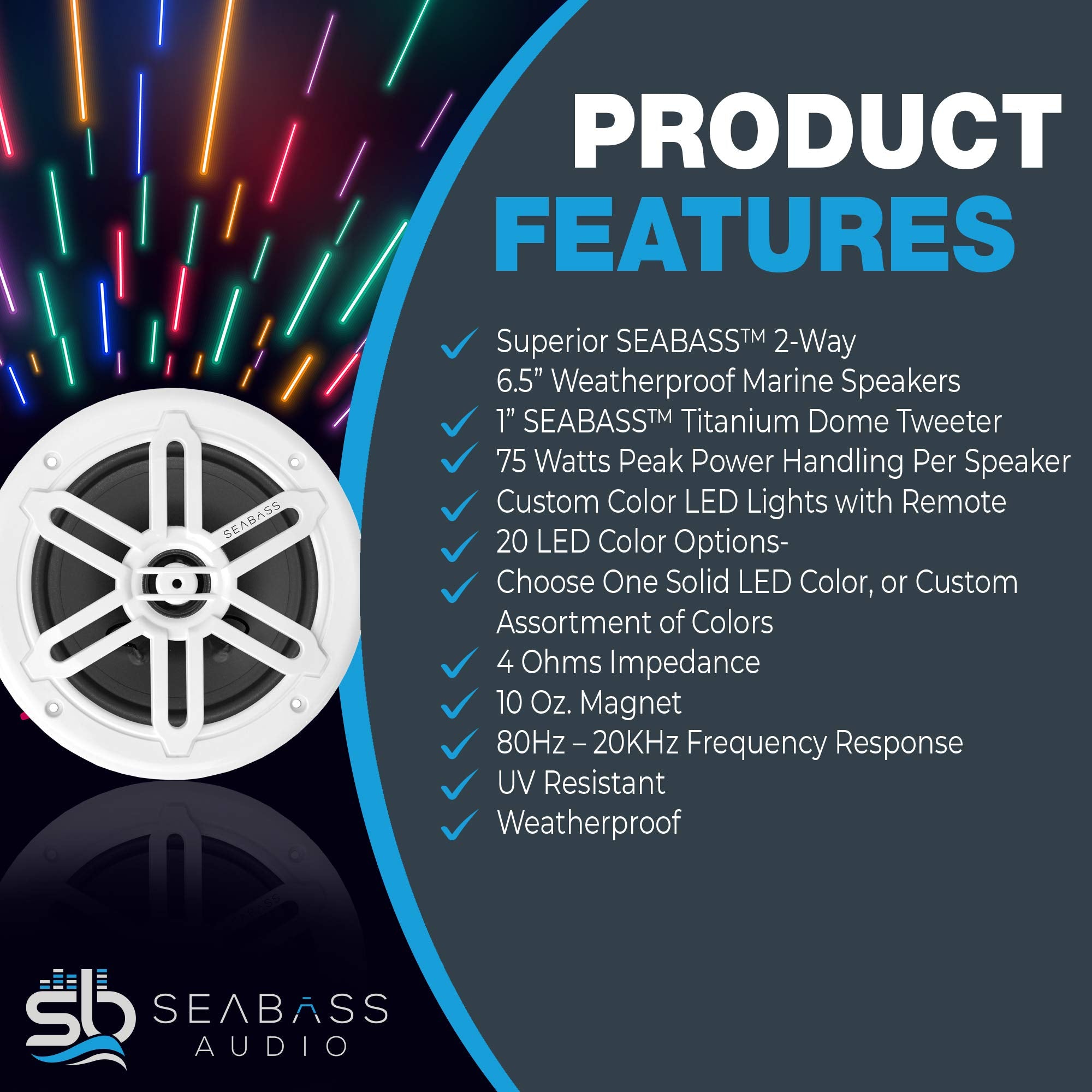 Seabass Premium 6.5    2 Way Weatherproof Marine Speakers W/Led Lighting (2 Pack)