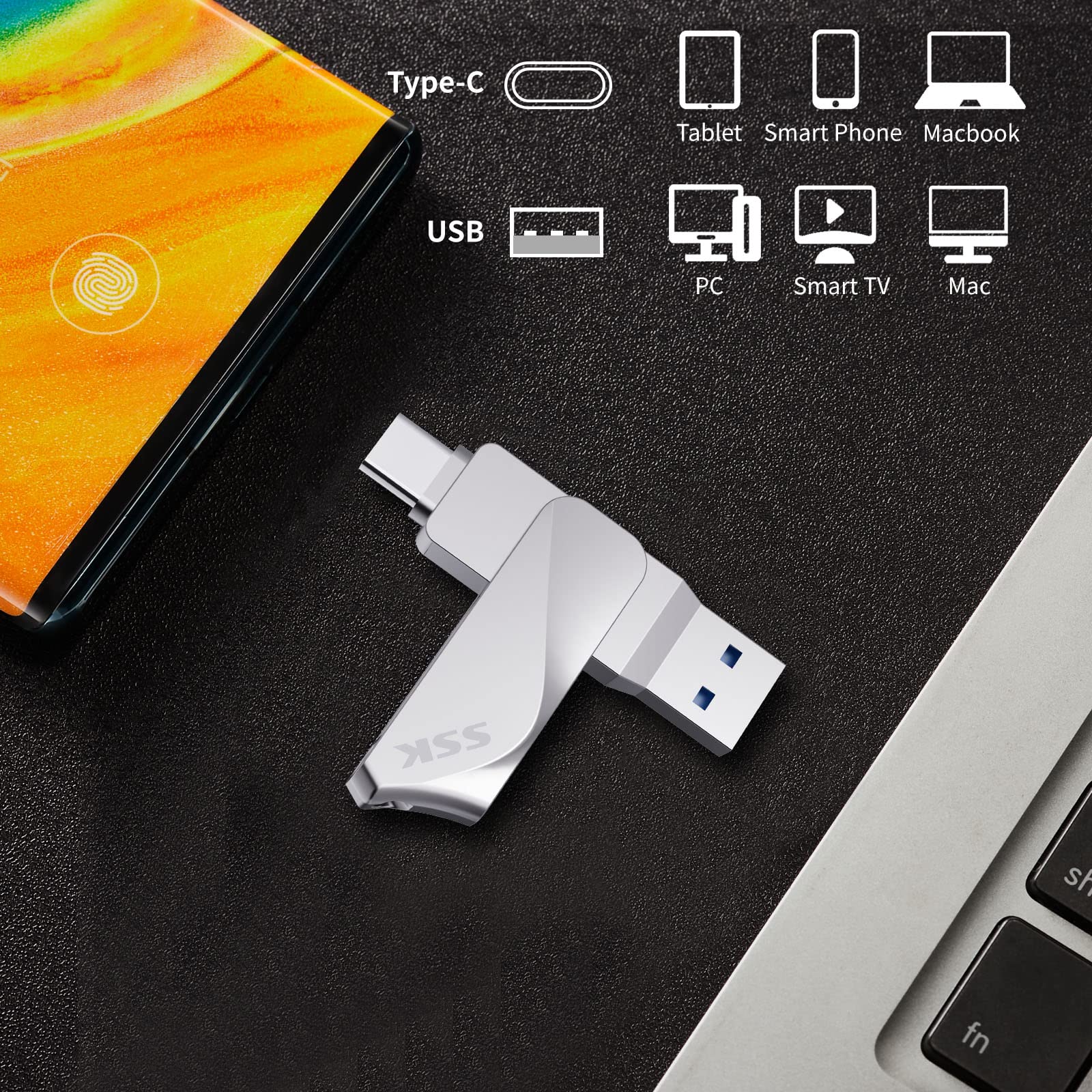 Ssk 128Gb Usb C Flash Drive Dual Drive 2 In 1 Otg Usb A 3.2 + Type C Memory Stick Thumb Drive, Thunderbolt Pendrive Up To 200Mb/S Transfer Speed Photo Stick For Android Phones/Tablets/Mac/Laptop