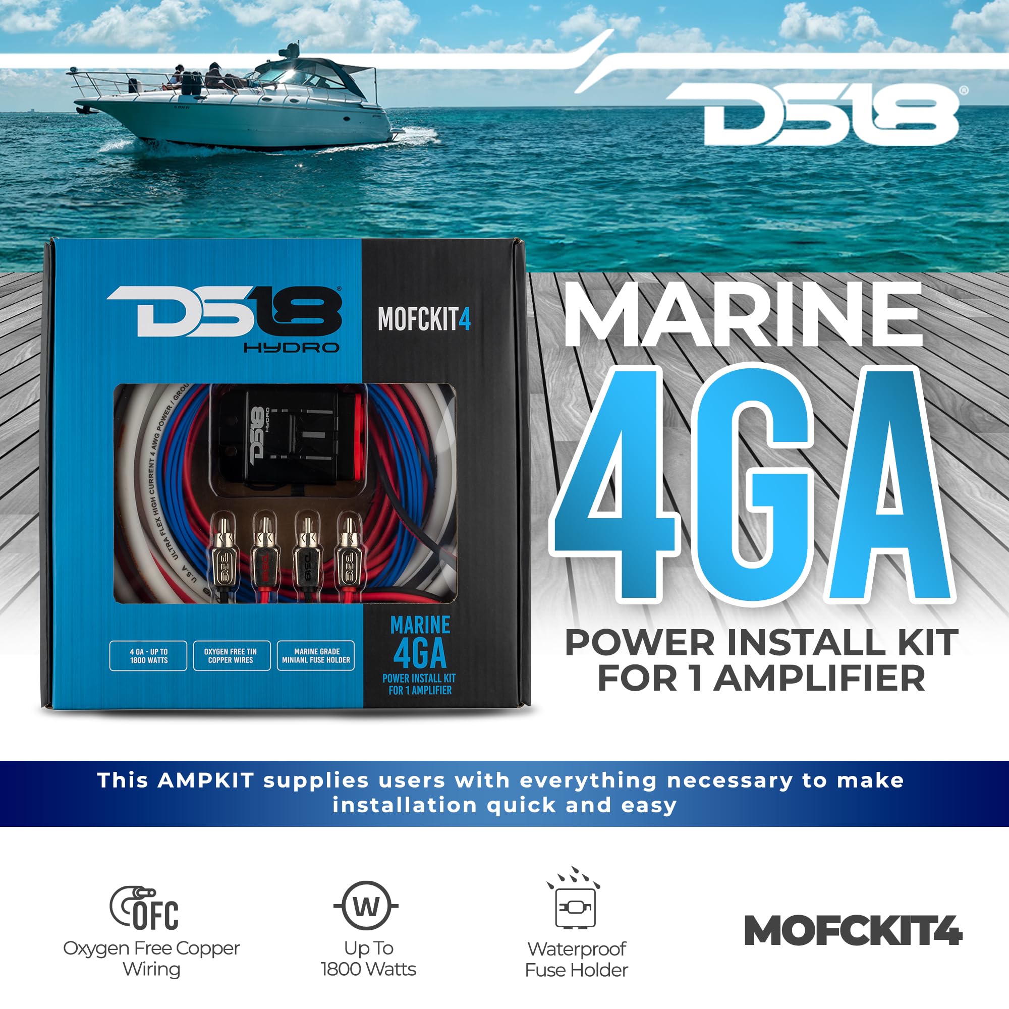 Ds18 Hydro Mofckit4 4 Gauge Marine Tinned Amplifier Installation Wiring Kit   Up To 1800 Watts, Ofc 100% Cooper