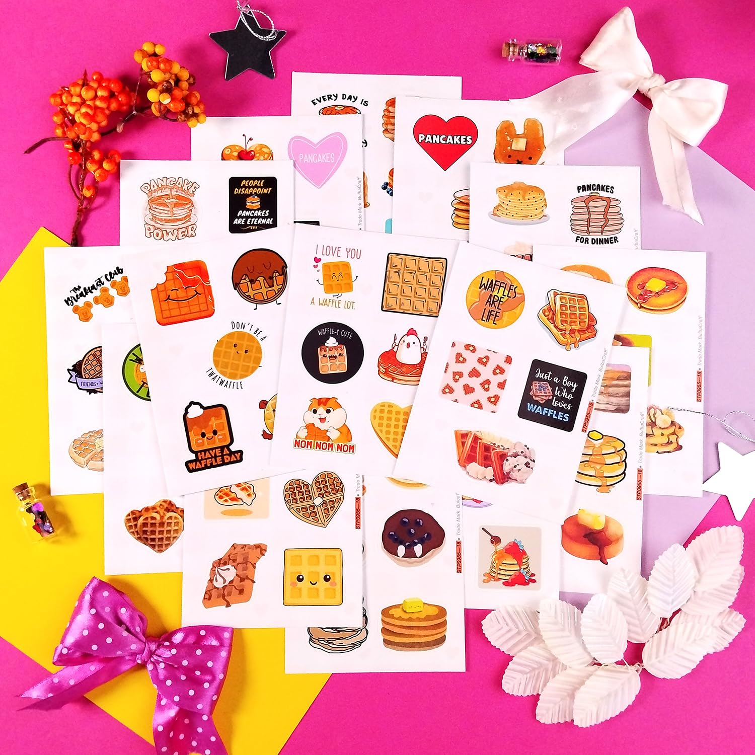 Pancake & Waffle Stickers For Water Bottle And Laptop   Breakfast Party Favors & Decorations, Waterproof Vinyl Food Decals, Panc