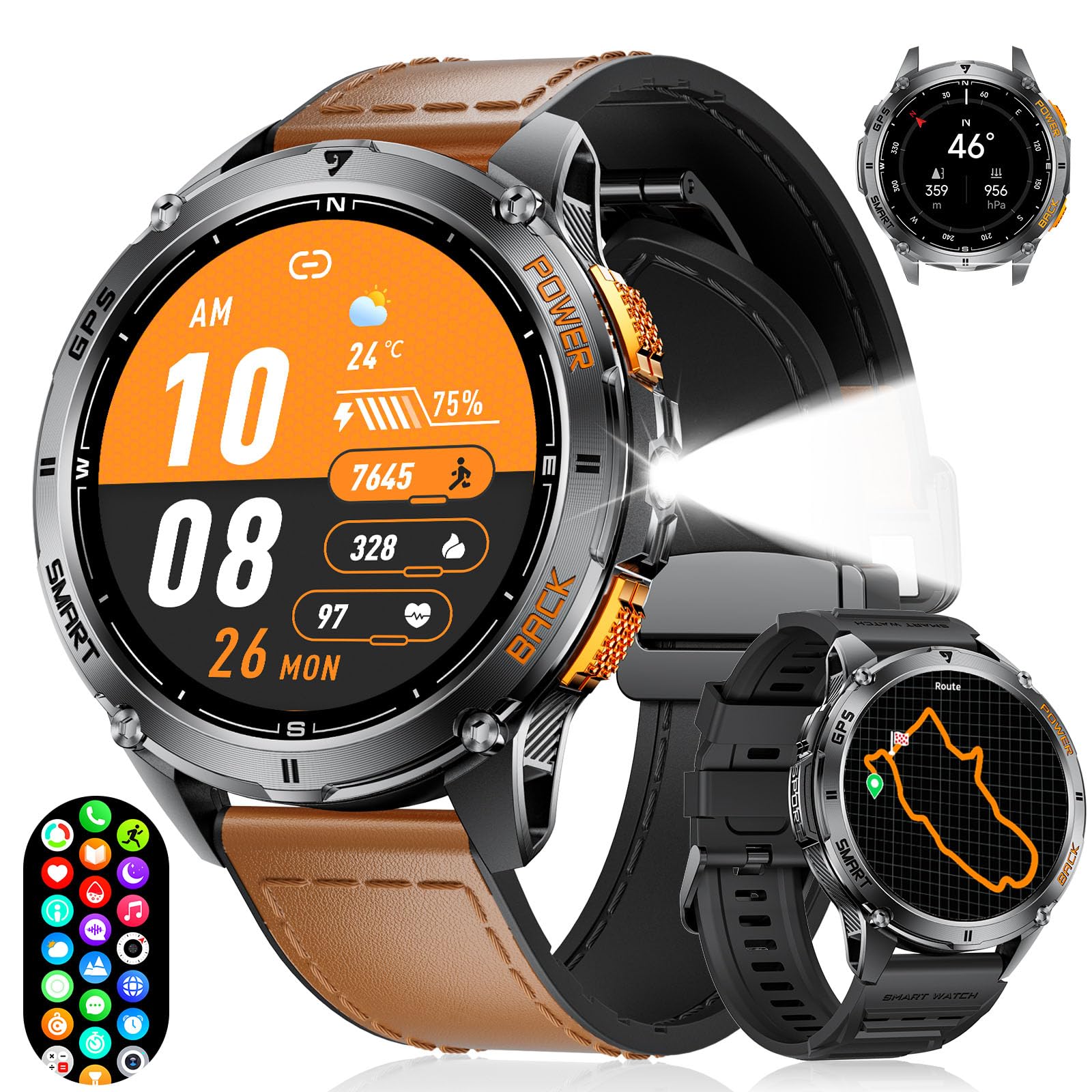 Foxbox Gps Smart Watch For Men With Led Flashlight, 530Mah Extra Large Battery, 1.43 ' ' Amoled Military Smartwatch Answer/Make 