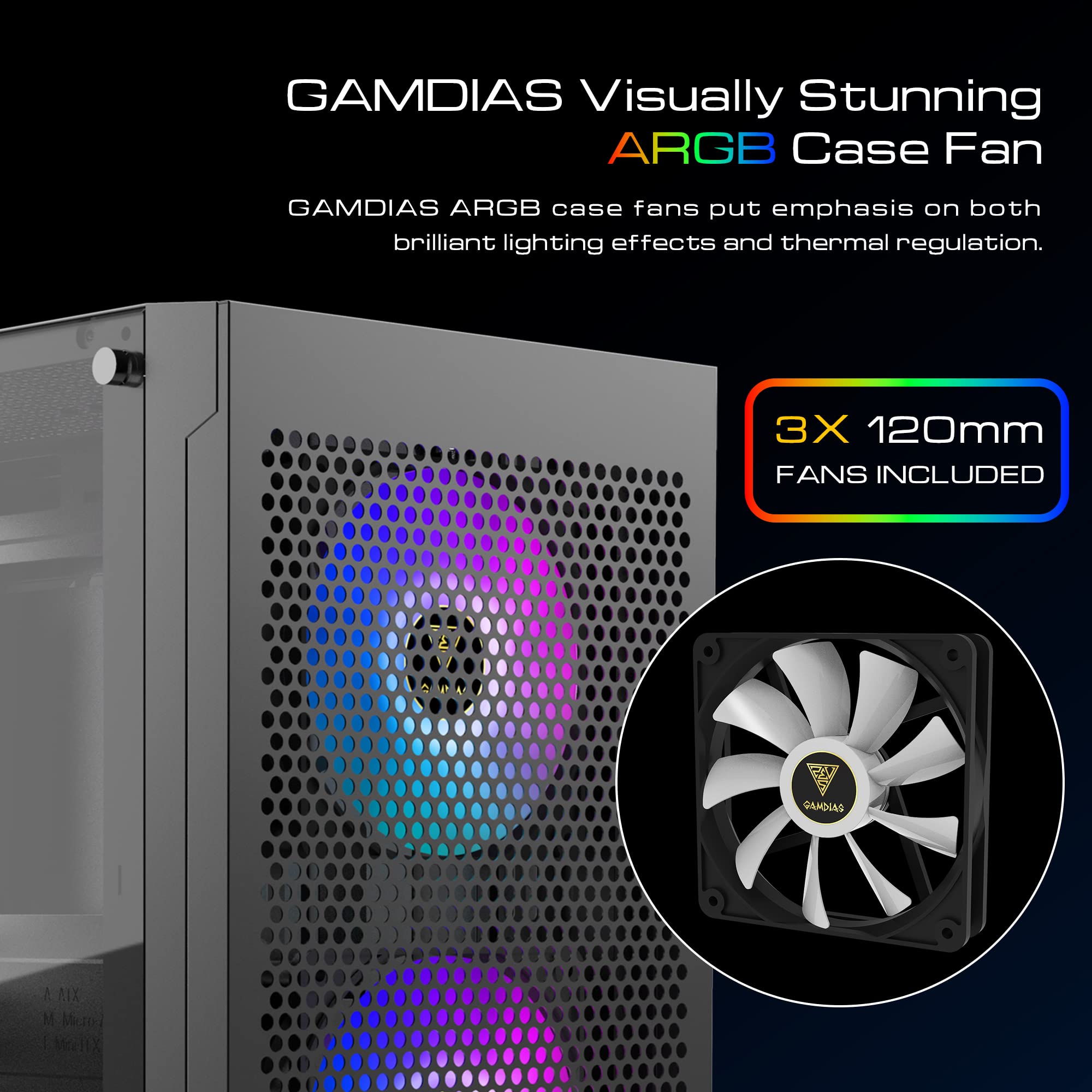 Gamdias Gaming Atx Mid Tower Pc Computer Case W/Tempered Glass, 3 Built In 120Mm Argb Case Fans, Support Up To 360Mm Aio/Radiato
