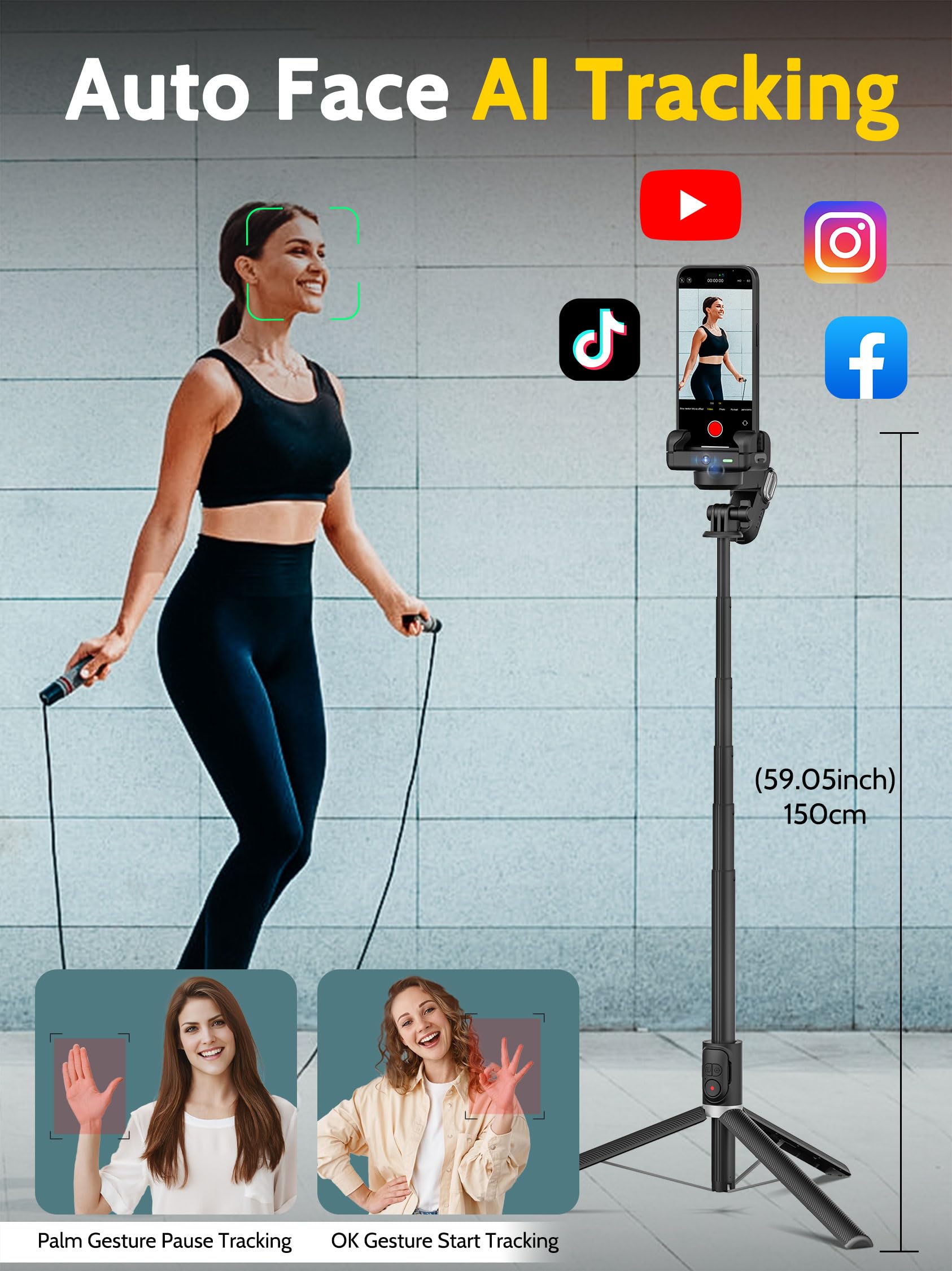 Aochuan Auto Face Tracking Tripod 360 Rotation W/Stand,Selfie Stick Tripod For Iphone Android W/Rgb Light,Remote Control,Phone S