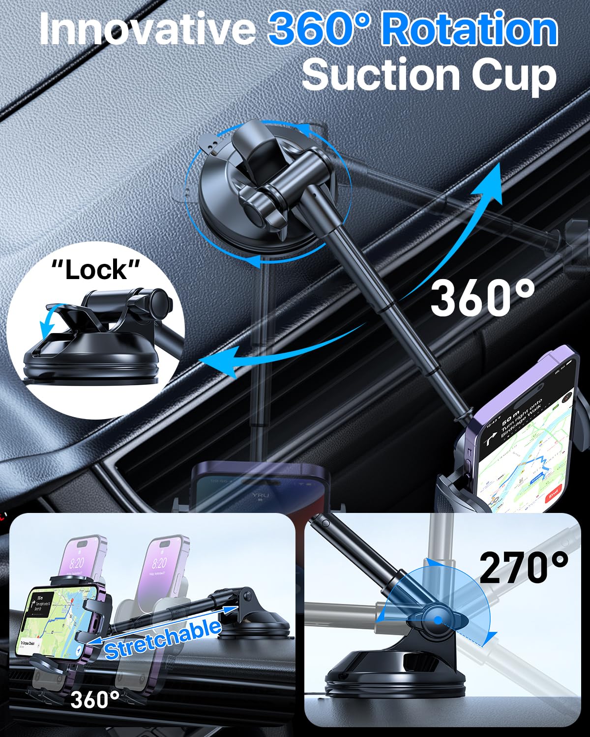 [2025 True Military-Grade] Car Phone Holder [Upgraded Strongest Suction & Clip] Cell Phone Mount For Dashboard Windshield Vent,T