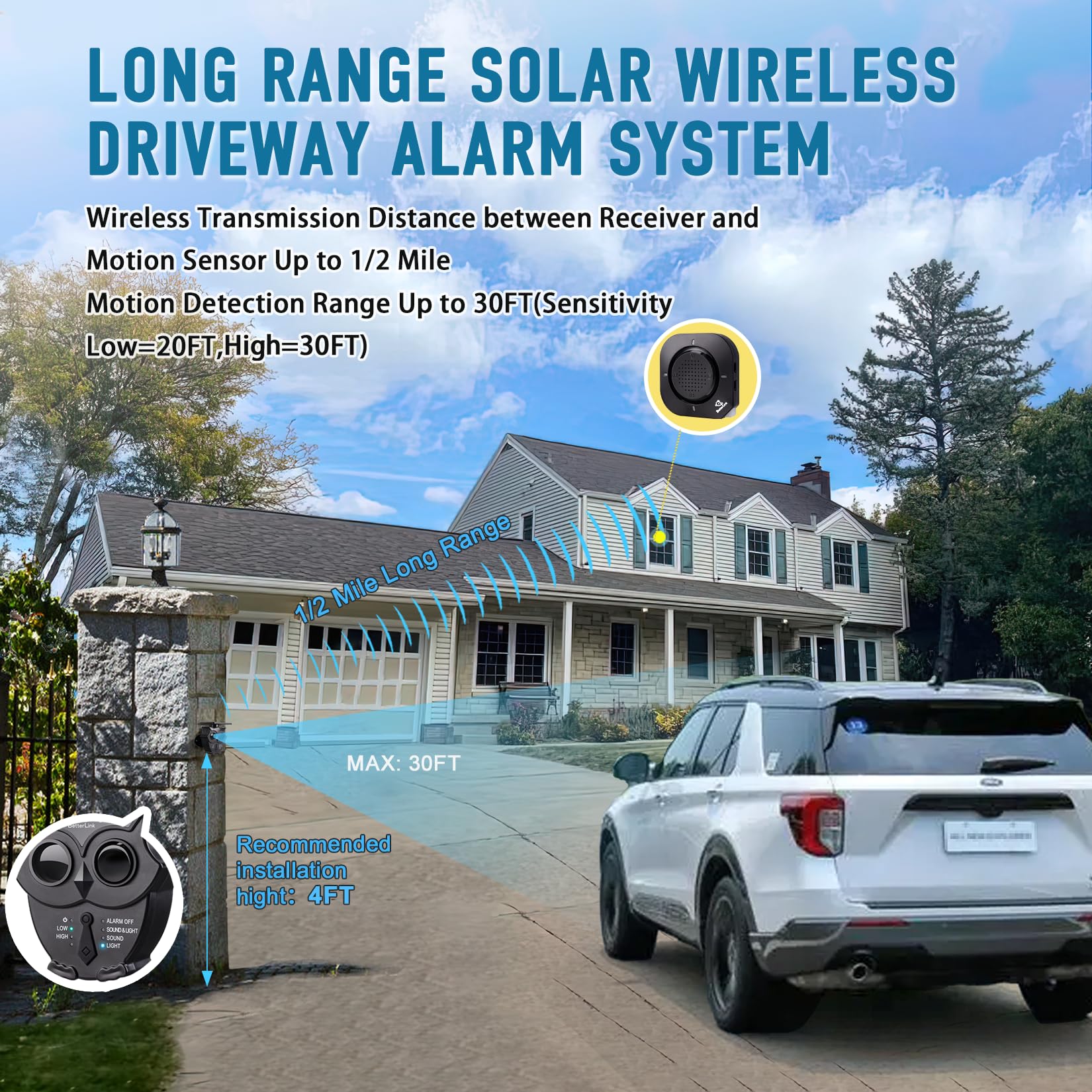 1/2 Mile Long Range Solar Wireless Driveway Alarm System Ip65 Weatherproof Outdoor Motion Detectors&Sensor 120Db Siren Sound Light Security Alert System Monitor&Protect Outdoor/Indoor Property(1R4S)