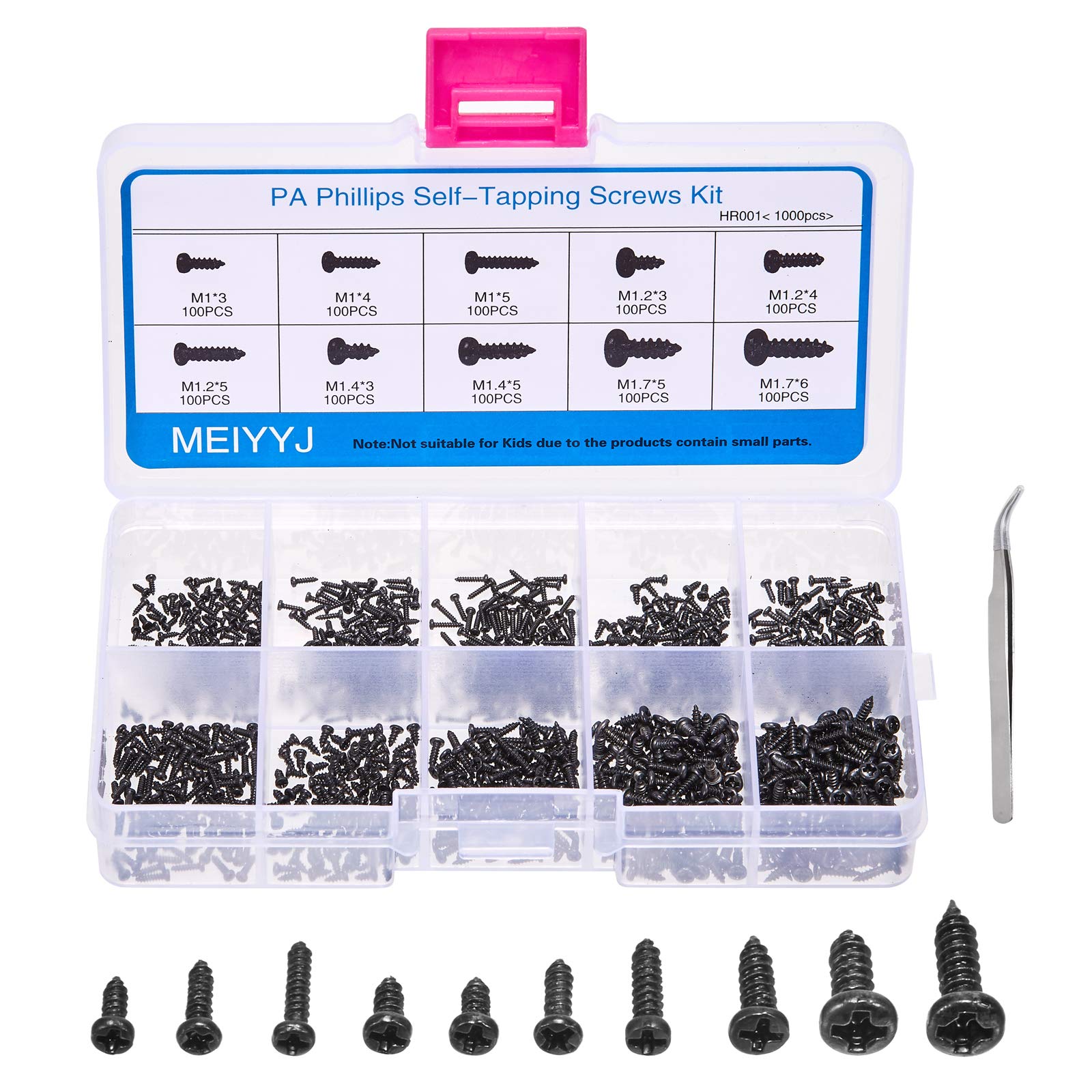 Meiyyj 10 Kinds Small Multi Purpose M1 M1.2 M1.4 M1.7 Phillips Head Micro Screws Self Tapping Electronic Screws Assortment Kit P