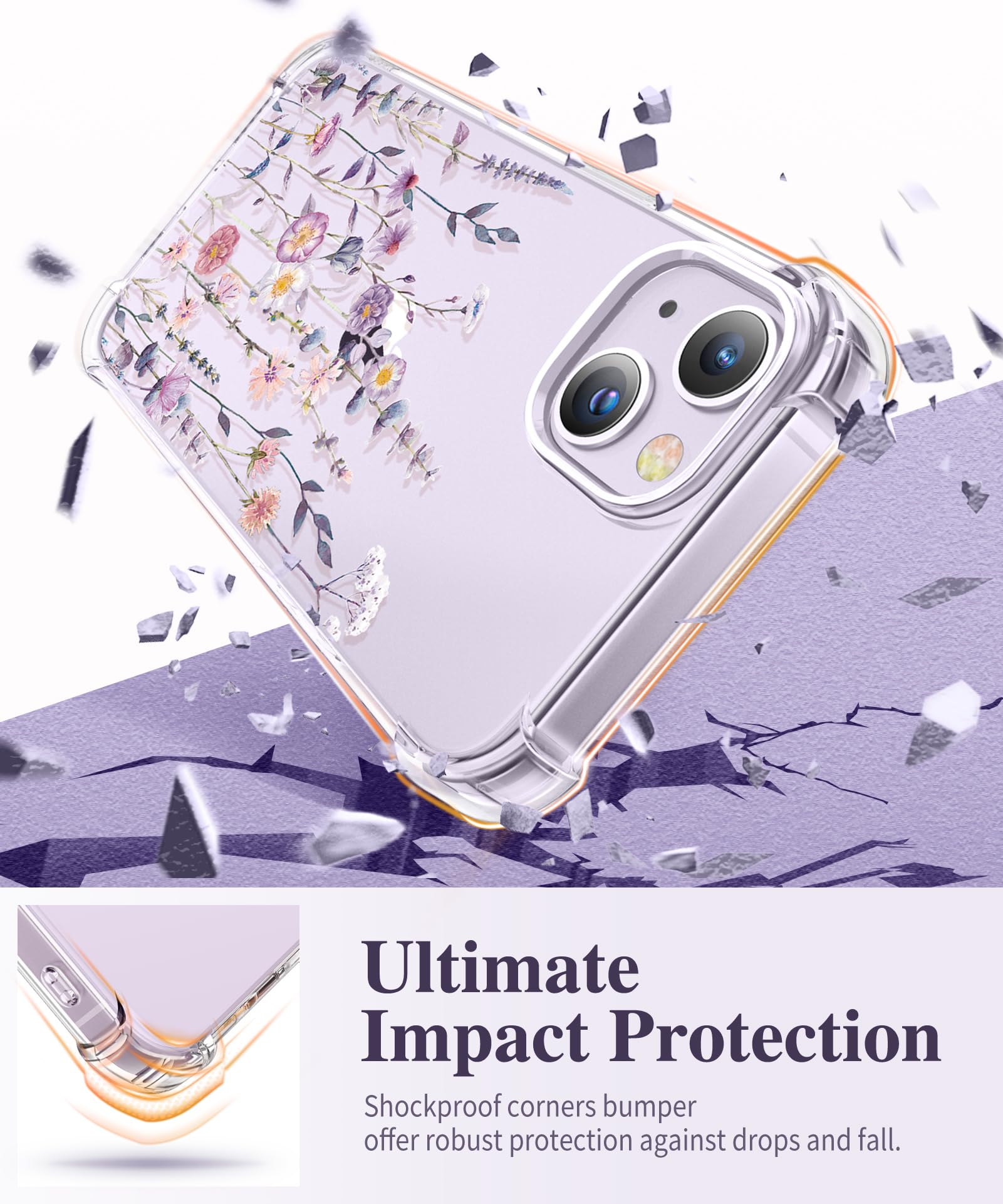 Gviewin For Iphone 14 Case Floral, With Screen Protector + Camera Lens Protector, [Non Yellowing] Soft Shockproof Clear Phone Pr