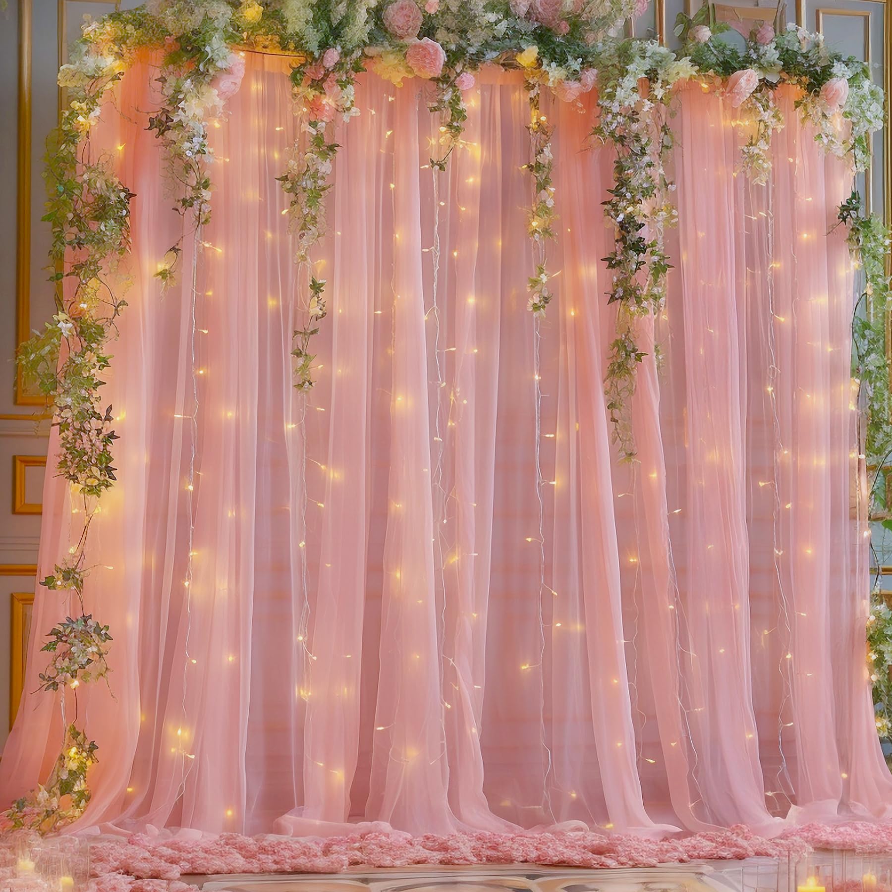 10X10Ft Dusty Rose Tulle Backdrop Curtain With Lights String For Parites, Sheer Backdrop Curtains For Wedding Baby Shower Birthd