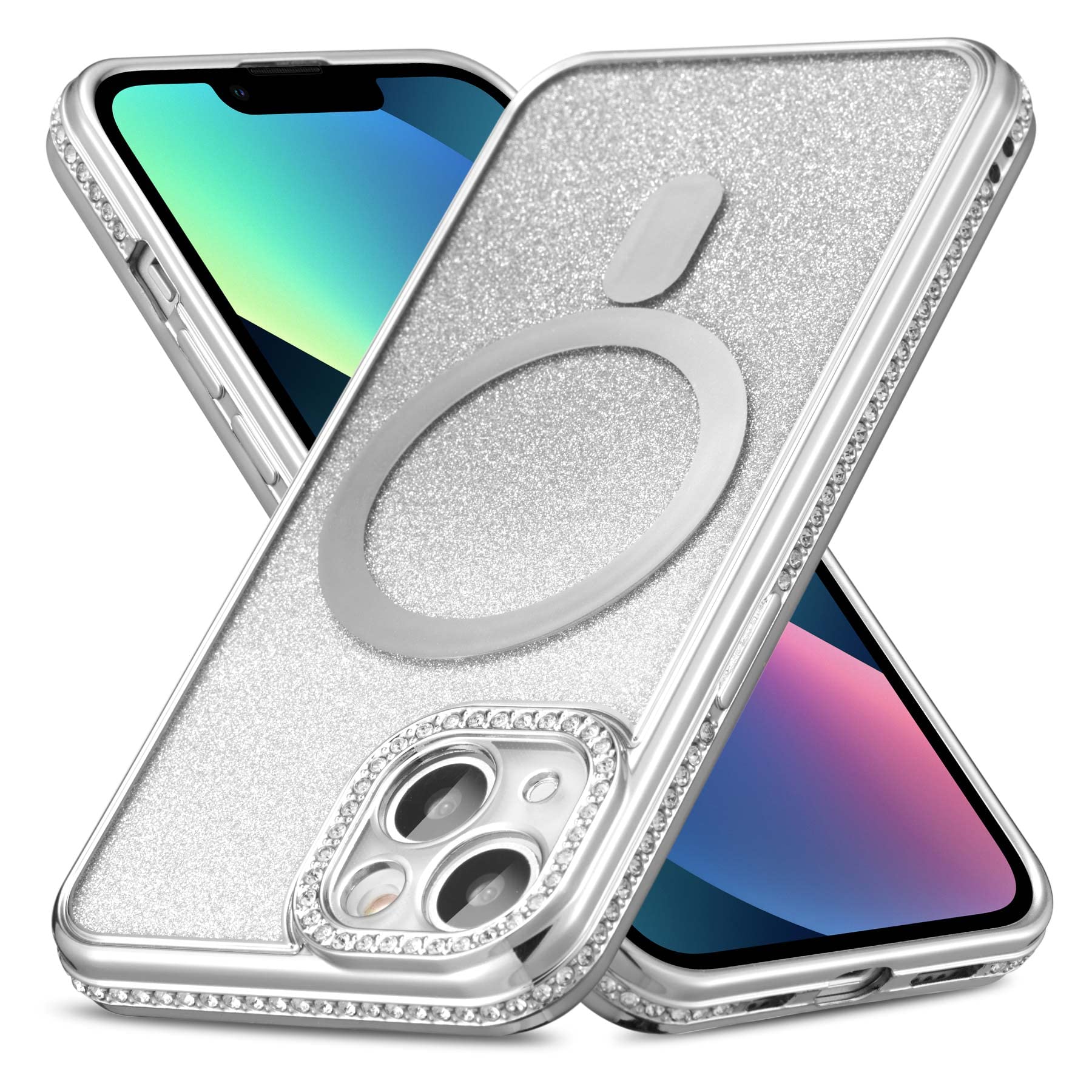 Zcdaye Case For Iphone 14 Plus With Diamond Decorated, Iphone 14 Plus Phone Case Compatible With Wirless Charging, Silver Edge E
