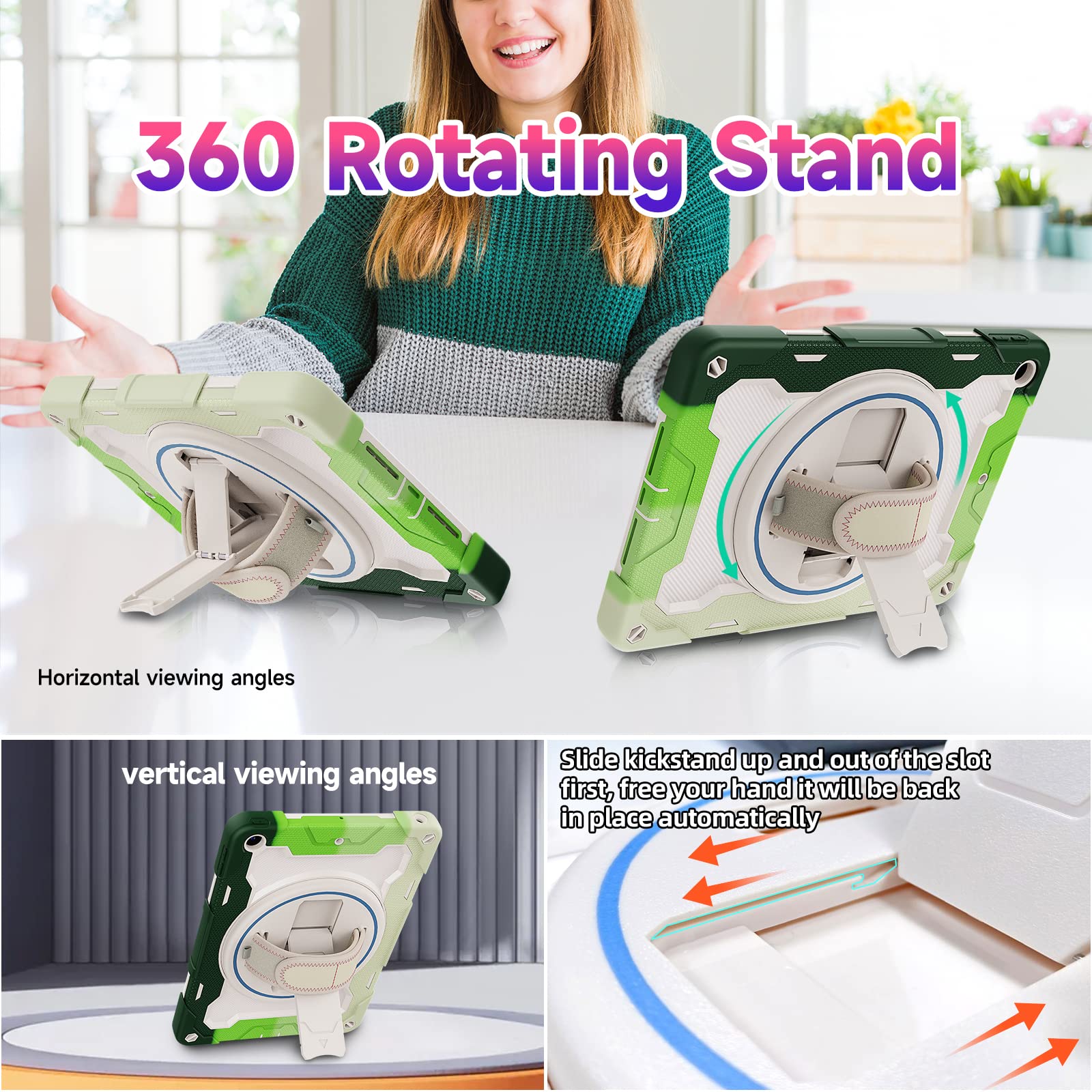 Rosrome Kids Case For Ipad 10.2 Inch Ipad 9Th/8Th/7Th Generation 2021/2020/2019 With Screen Protector,Rotating Stand Hand Strap