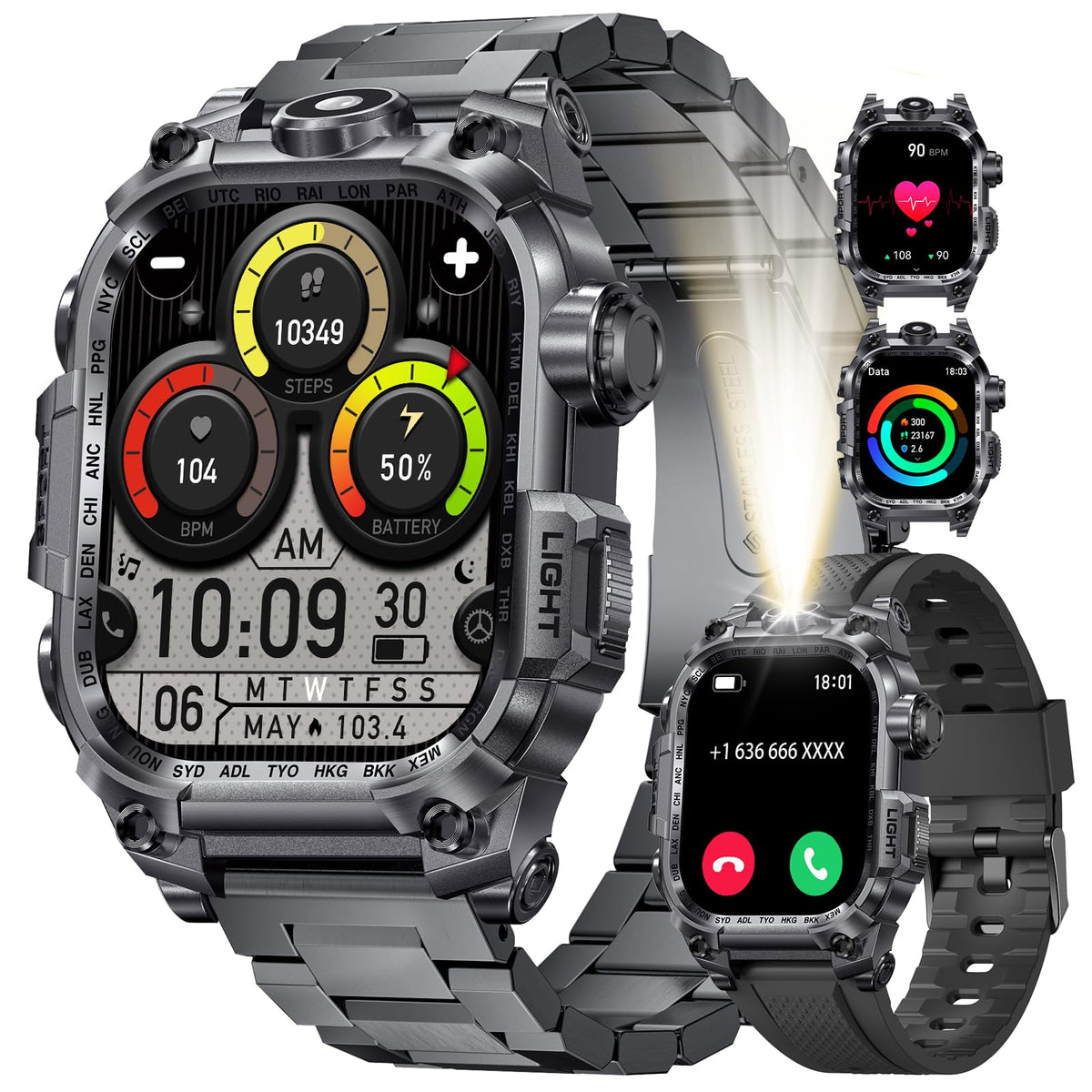 Lige Military Smart Watch For Men(Led Flashlight), 2.01 '' Rugged Smartwatch, 100+ Sports Fitness Tracker Watch, 700Mah Long Bat