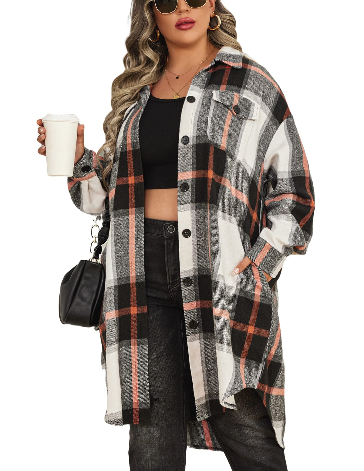 Involand Womens Plus Size Flannel Plaid Shirts Long Sleeve Lounge Lapel Boyfriend Button Down Tartan Long Jacket Coats