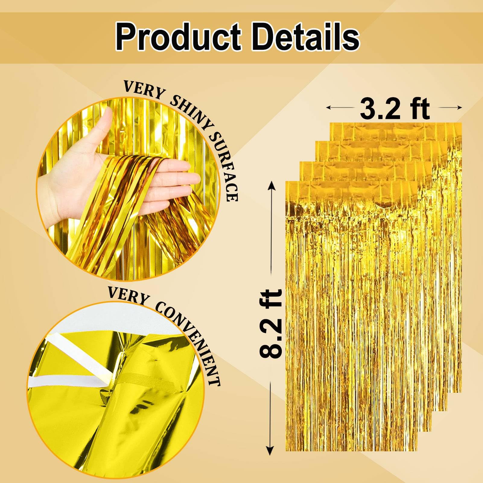Eufars Gold Party Decorations   4 Pack Of 3.2X8.2Ft Gold Foil Fringe Curtain, Gold Backdrop Gold Streamers Tinsel Curtain Backdr