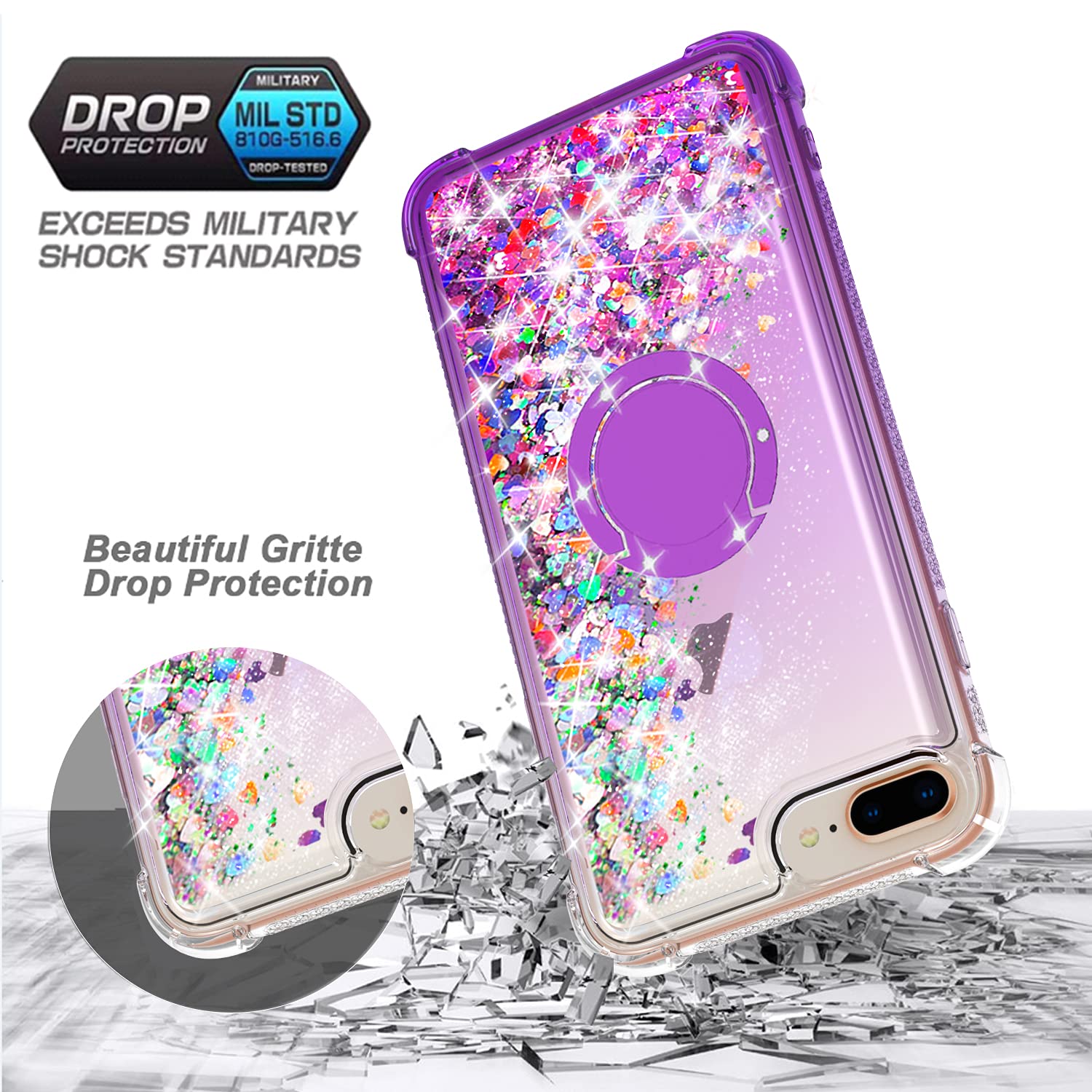 WORLDMOM iPhone 7 Plus 8 Plus Case Moving Liquid Glitter Waterfall TPU with Ring Kickstand Lightpurple