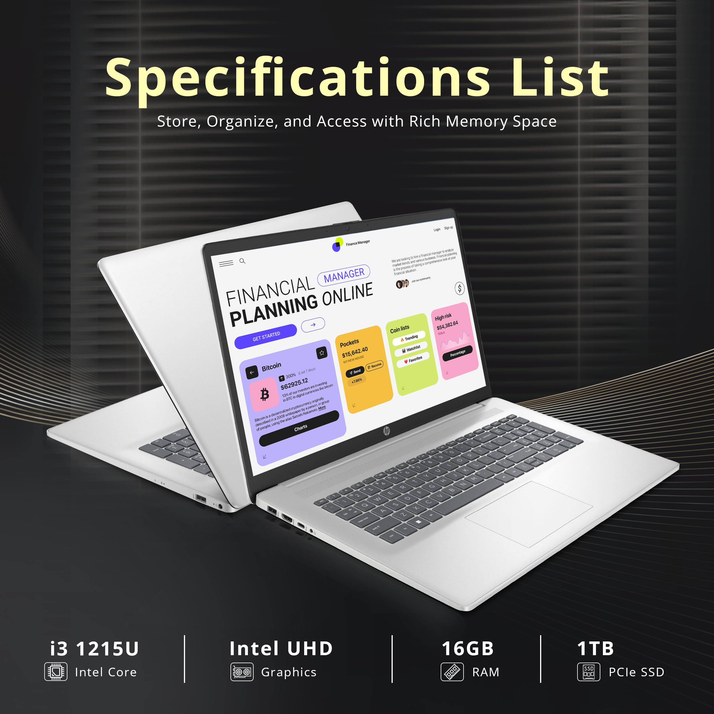 Hp 17.3'' Full Hd Laptop, Intel Core I3 1215U Processor, 16Gb Ram, 1Tb Pcie Ssd, Intel Uhd Graphics, Numeric Keypad, 720P Hd Web