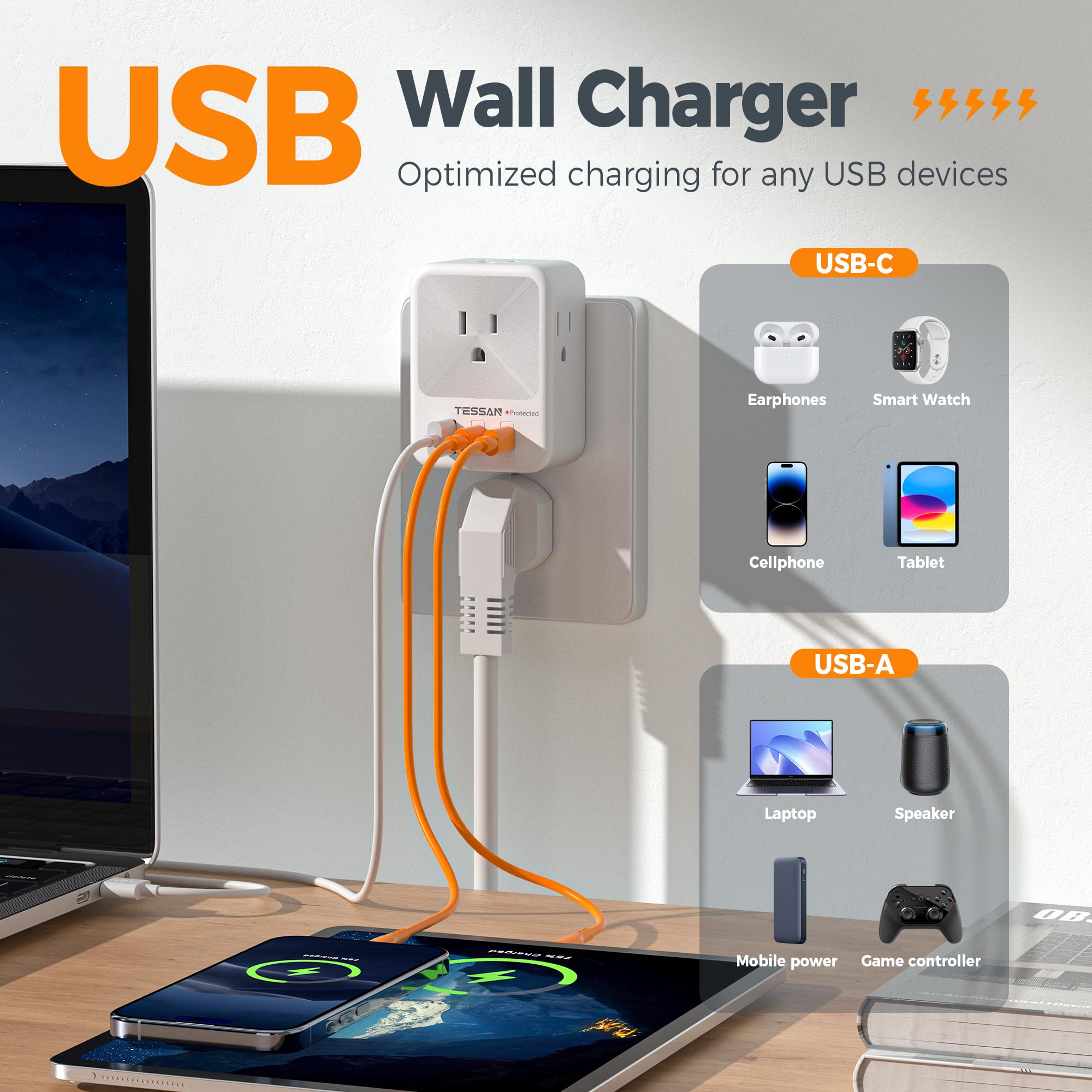 Usb Multi Plug Wall Outlet Splitter, Tessan Surge Protector 4 Outlet Extender With 3 Usb Charger Blocks(2 Usb C), 3 Sided Multip