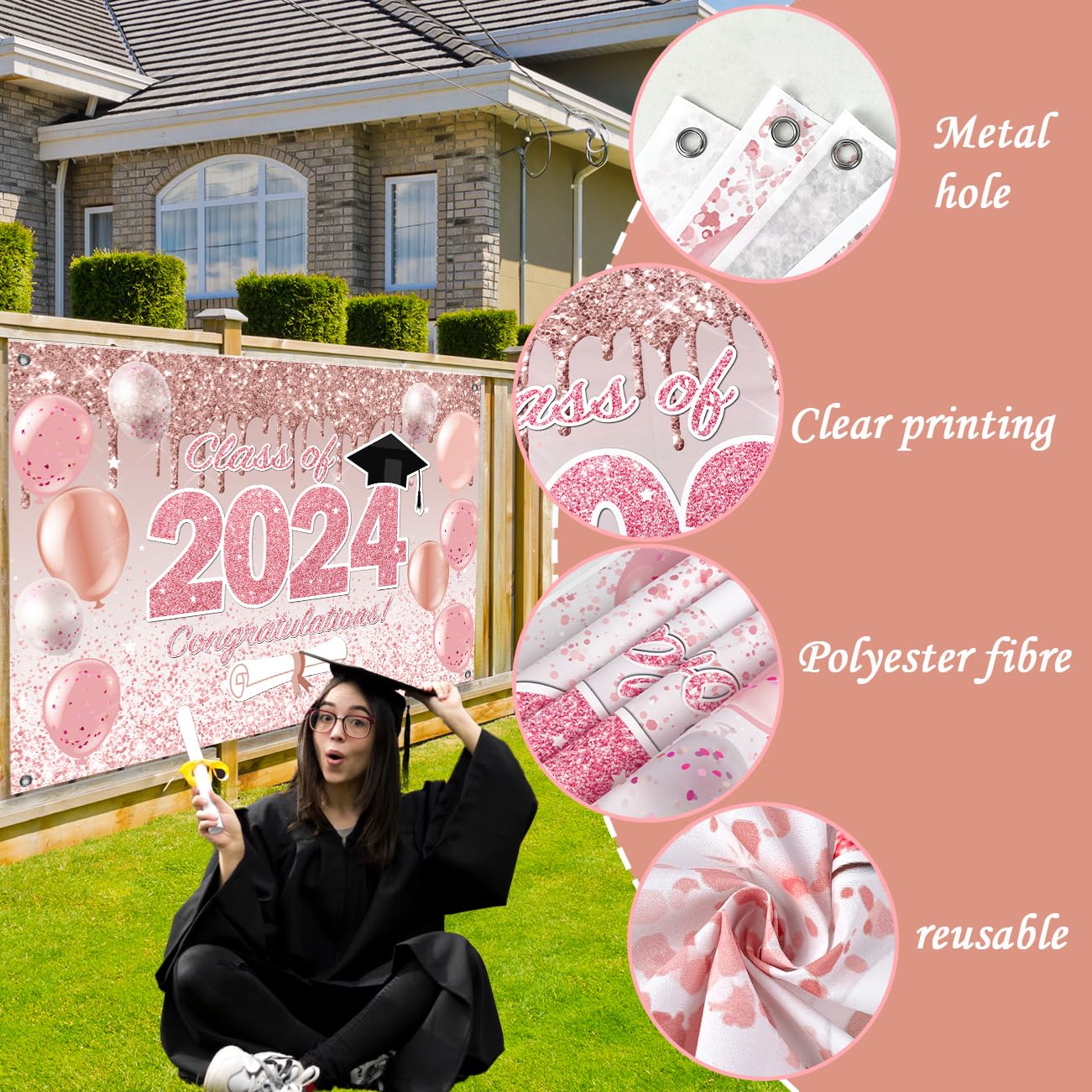 Pink Graduation Decorations Class Of 2024, Pink Rose Gold Graduation Backdrop, Class Of 2024 Banner Supplies For Pink Graduation