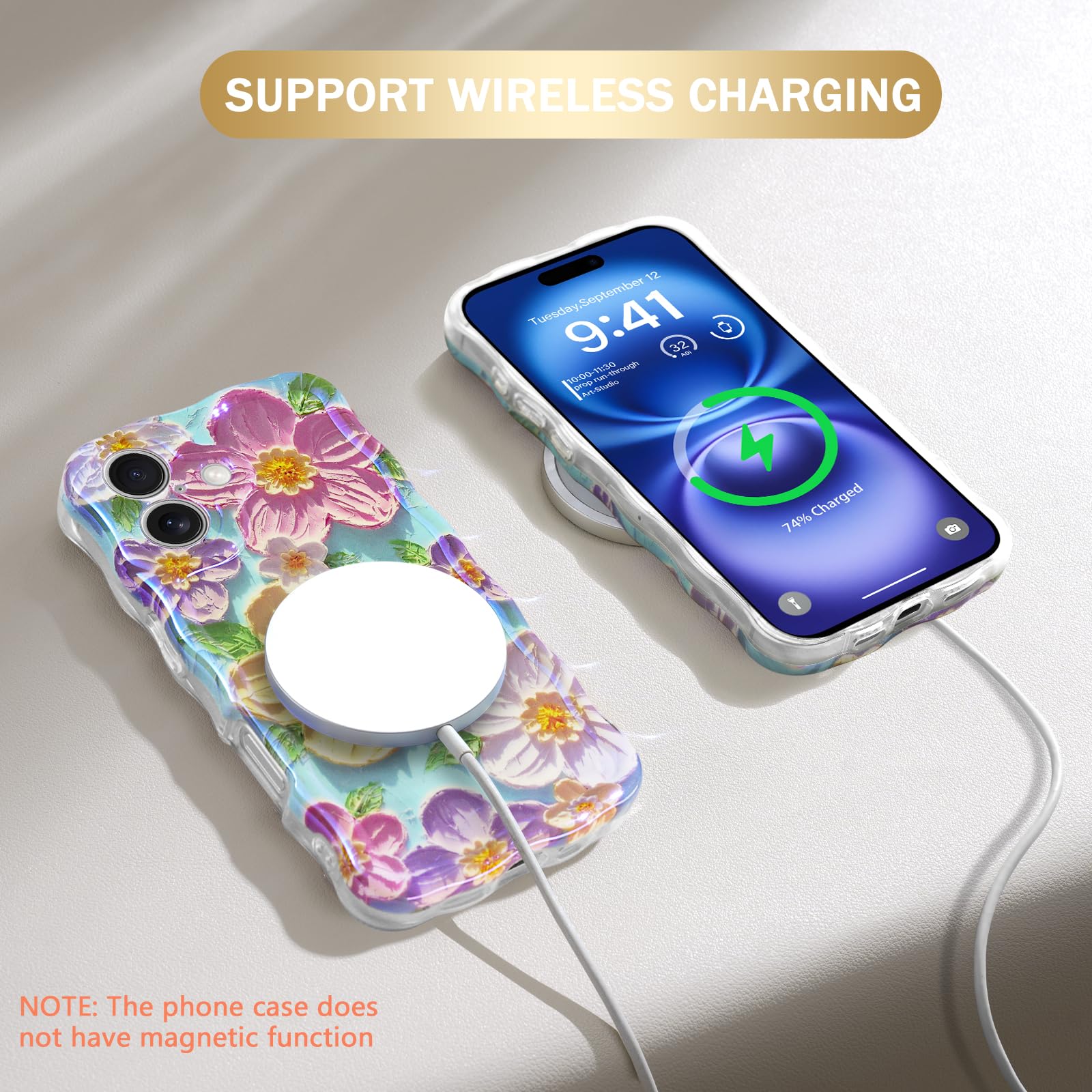 Sheheme For Iphone 16 Case [With 9H Screen Protectors] Wave Bumper Colorful Oil Painting Flowers Print Blue Glossy Soft Tpu Phon