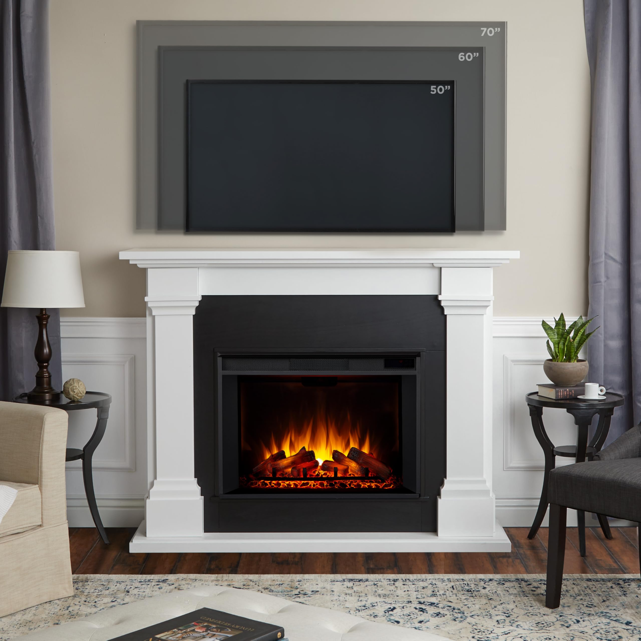 Real Flame Callaway 63'' Grand Electric Fireplace In White, Free Standing Oversized Indoor Electric Fireplace With Mantel, Adjus