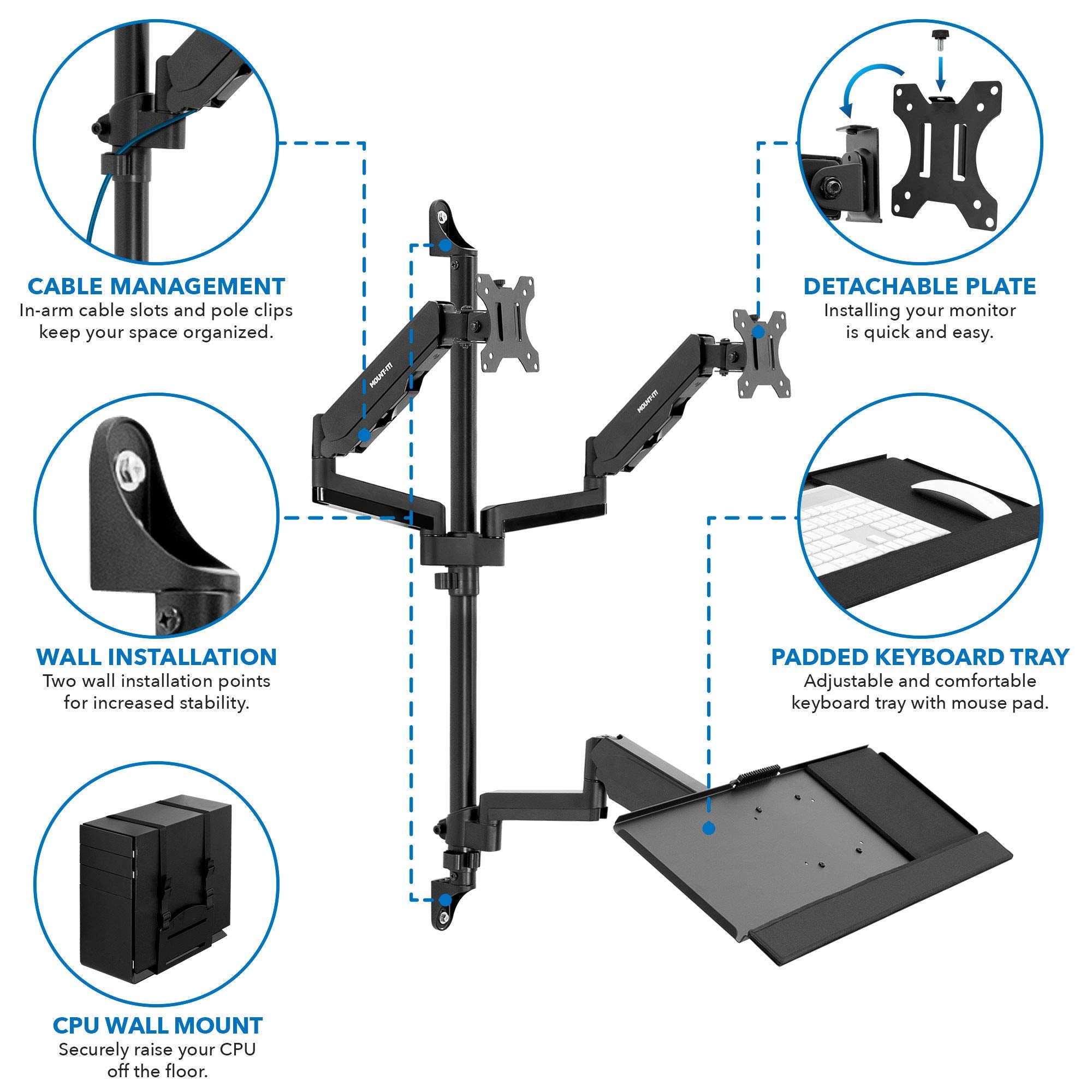 Mount It! Wall Mount Workstation with Dual Monitor Mount, Keyboard Tray and CPU Holder, Height Adjustable Full Motion Arms, Fits Two 32 Inch Computer Screens